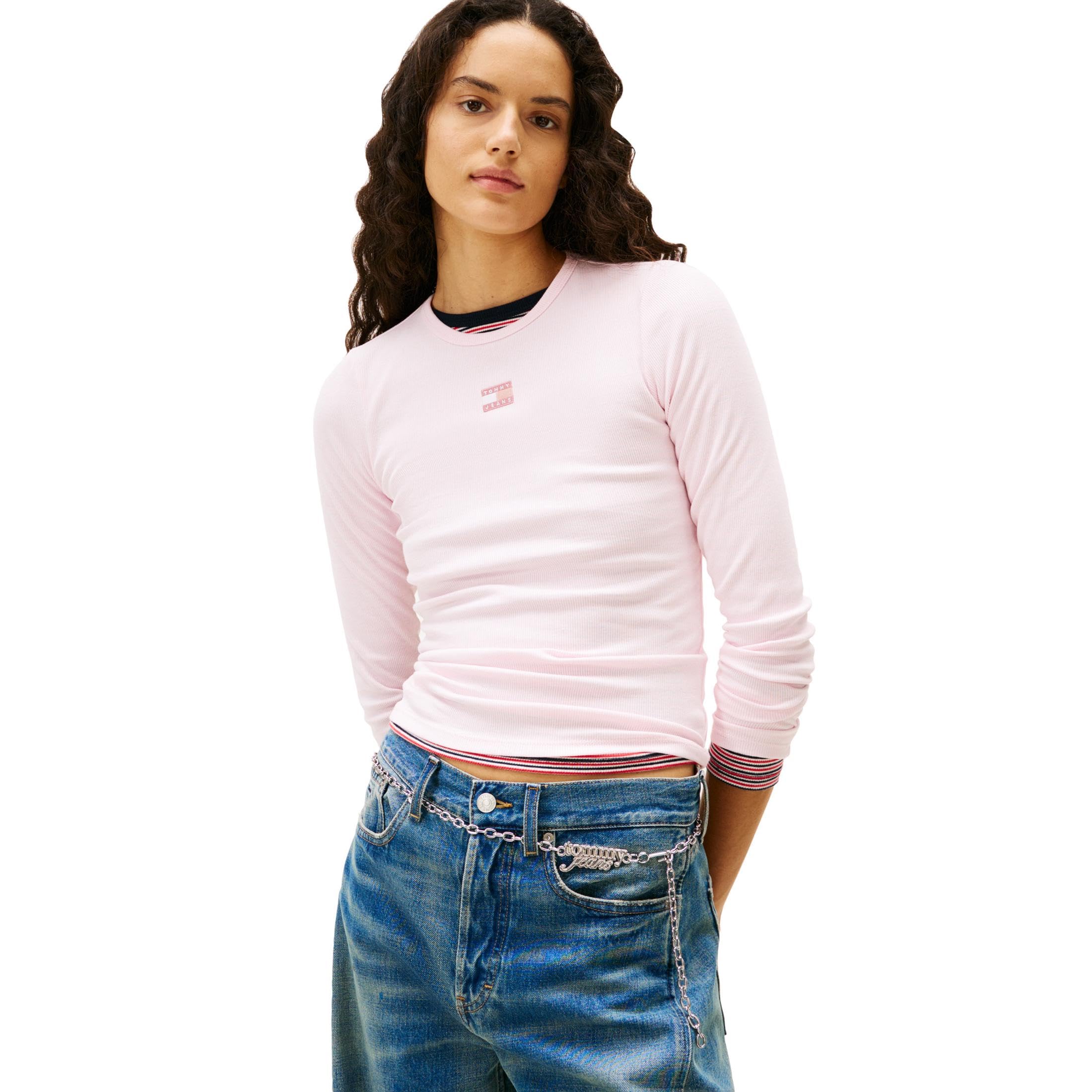 Tommy Jeans Women's Long Sleeve Ribbed Graphic Tee with Embroidered Flag Detail