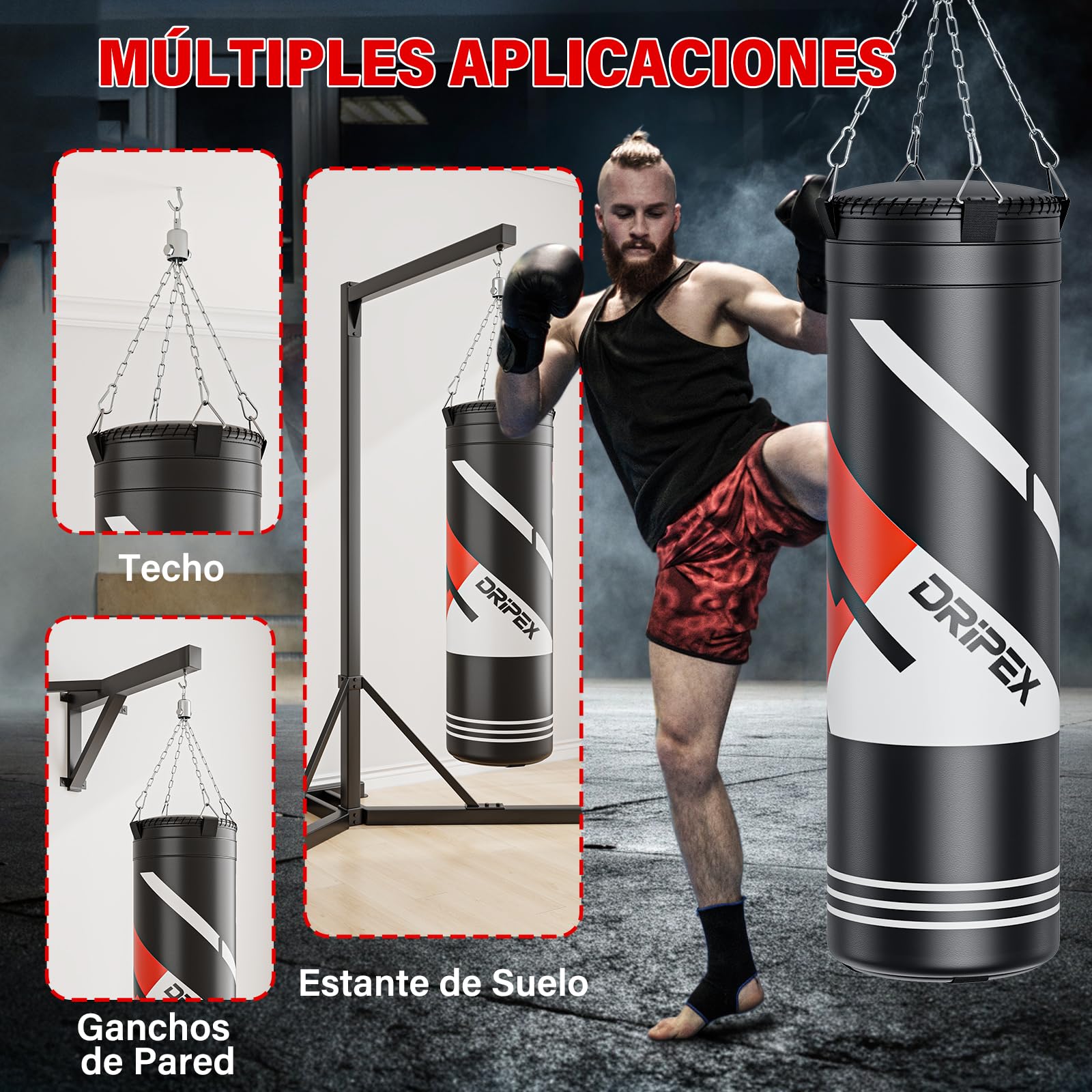 Dripex Saco de Boxeo Colgante para Adultos, Equipo de Entrenamiento de Saco Boxeo con 12oz Guantes, Cadena de Acero Giratoria de 360° para Kárate Kickboxing Muay Gimnasio en Casa
