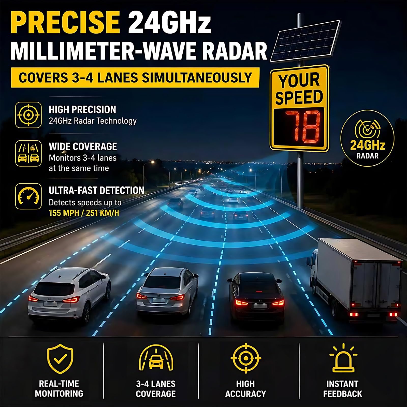 Indicateur Radar Solaire pour Sécurité, Panneau Avertisseur LED de Vitesse, Technologie Détection Avancée, Structure Robuste pour Extérieur, Sans Secteur