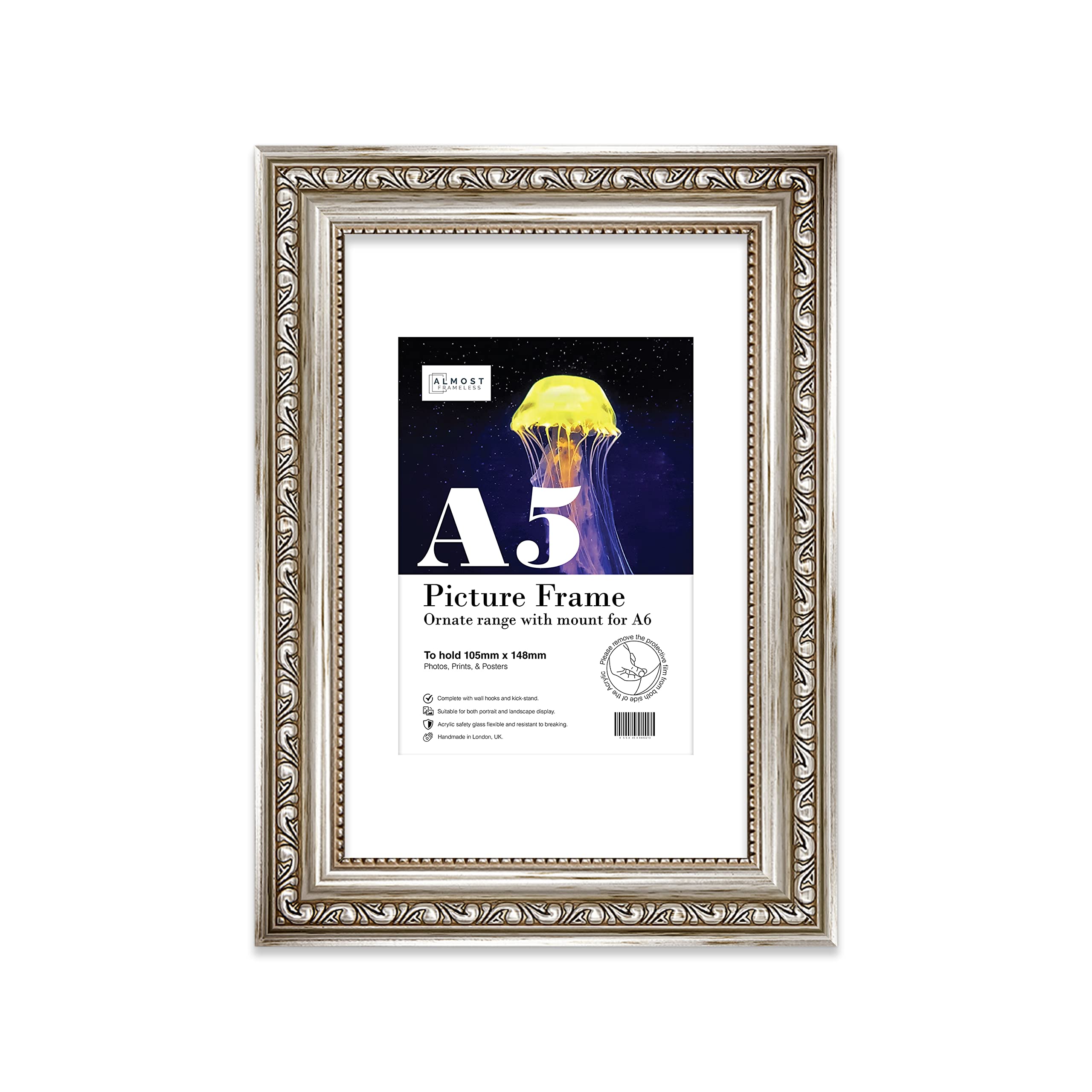 Almost Frameless A5 Silver Ornate Picture Frame With White Mount for A6 (10.5 x 14.8cm - 4.1 x 5.8in) Poster, Photo, Artwork, or Print. Antique Style Portrait and Landscape Display with Wall Hooks โ image 1