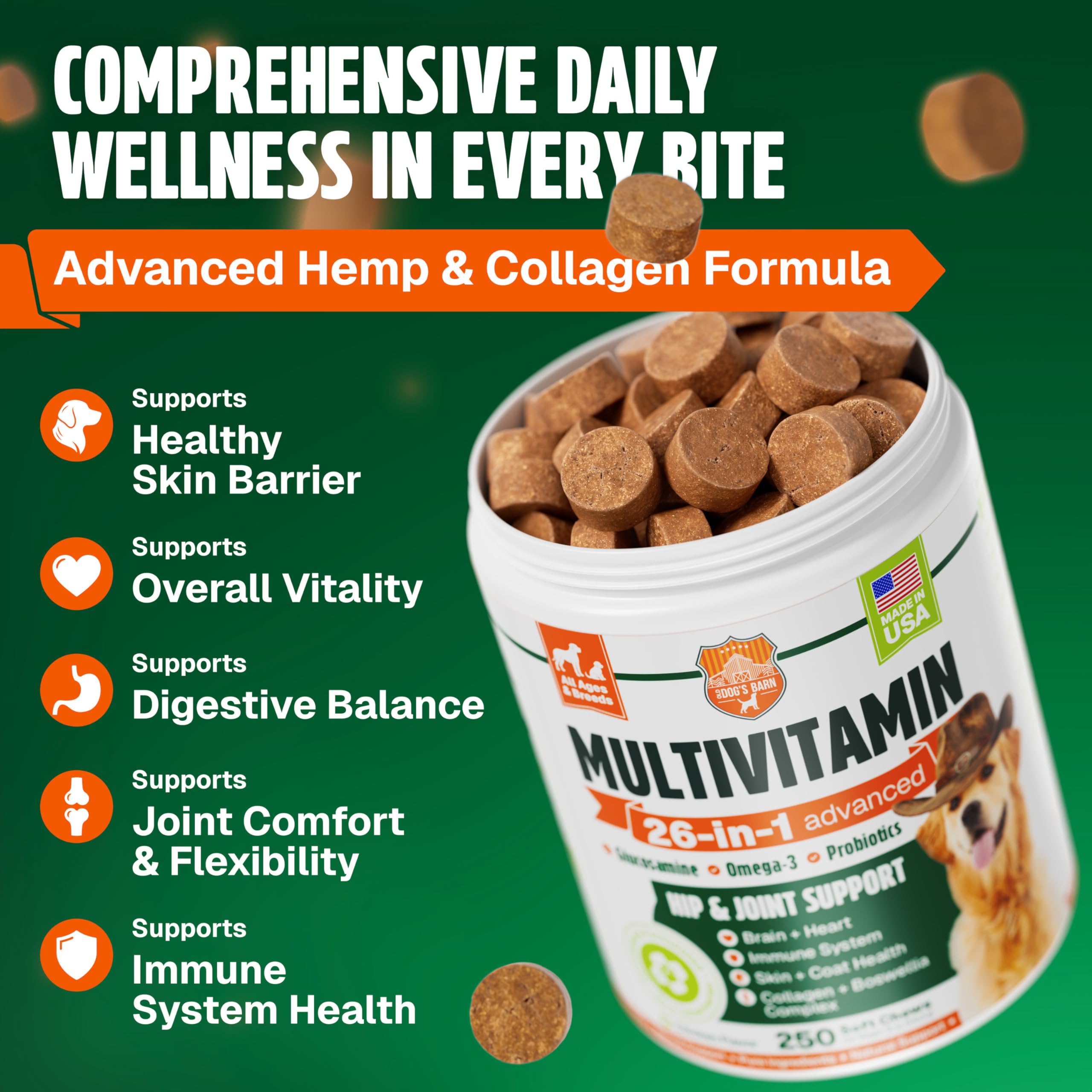 Dog Vitamins and Supplements 250 Chews - 26 in 1 Dog Multivitamin Soft Chews with Glucosamine, Chondroitin, Probiotics, Omega 3 - Hip & Joint, Skin & Coat, Immune Support - Chicken Flavor — Amazon image 2