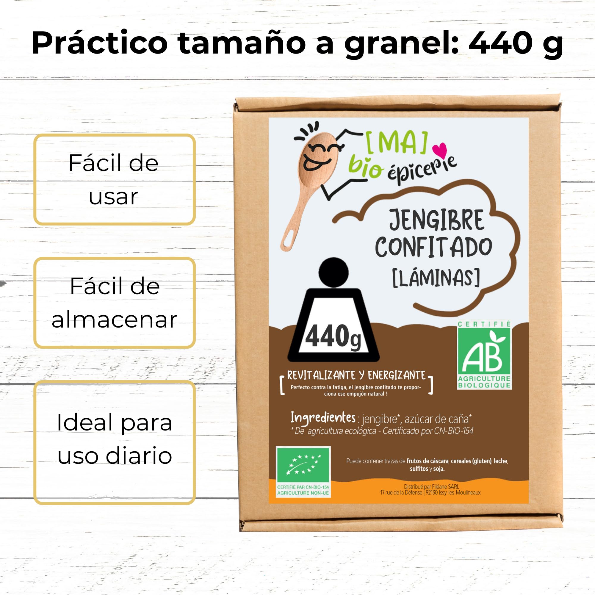 MA bio-épicerie - Jengibre Confitado Ecológico en Láminas 440 g - Jengibre Deshidratado a Granel sin Conservantes - Fruta Confitada Eco para Cocina y Degustación