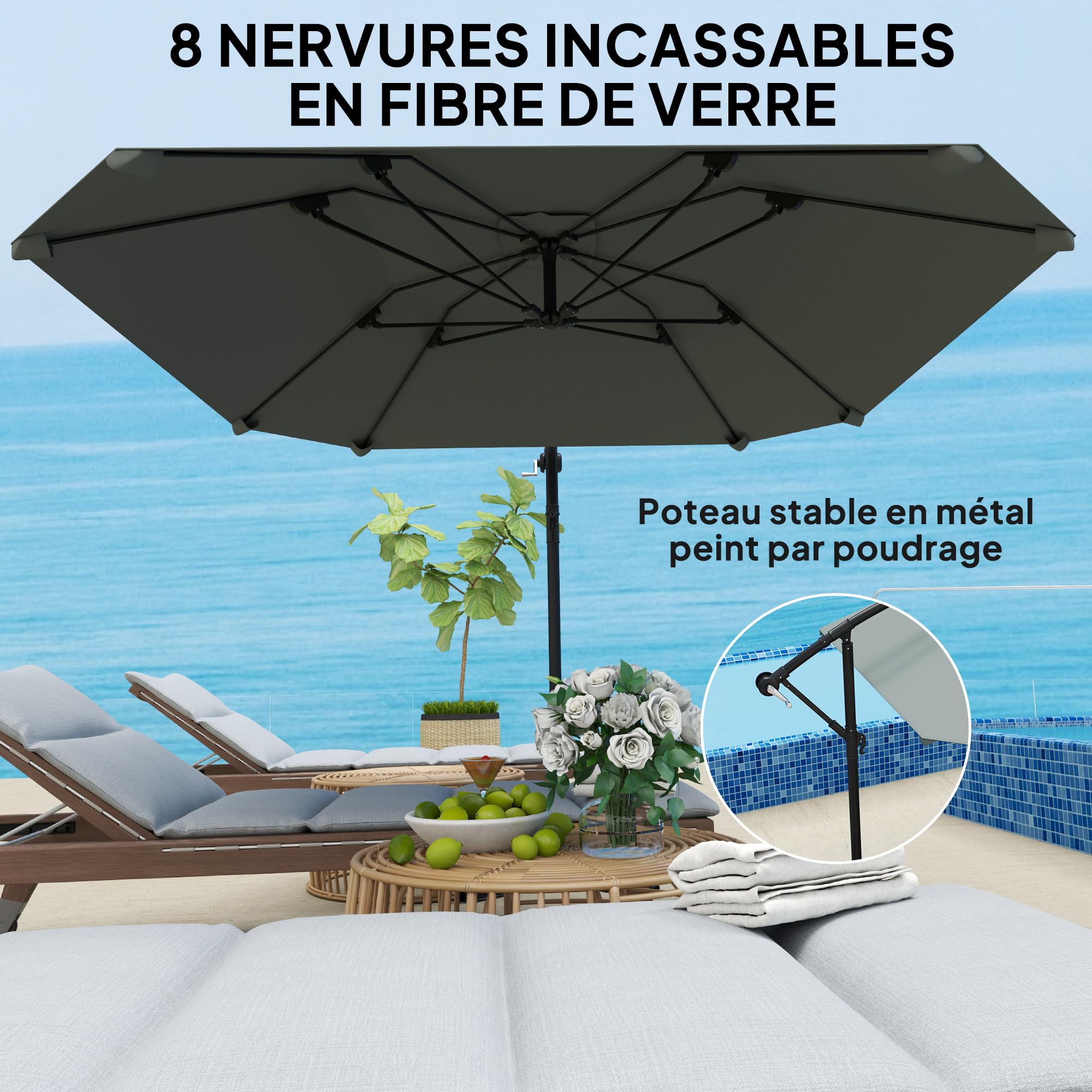 Outsunny Parasol Déporté Inclinable Base 304 x 260 x 245 cm Gris Foncé