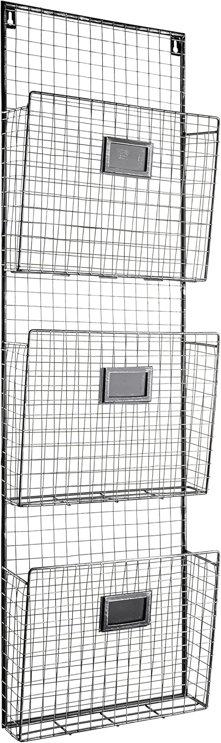 Designstyles Three Tier Wall File Holder – Durable Pewter Metal Rack with Spacious Slots for Easy Organization, Mounts on Wall and Door for Office, Home, and Work