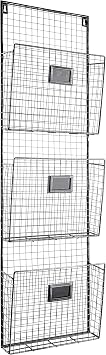 Designstyles Three Tier Wall File Holder Durable Pewter Metal Rack with Spacious Slots for Easy Organization, Mounts on Wall and Door for Office, Home, and Work