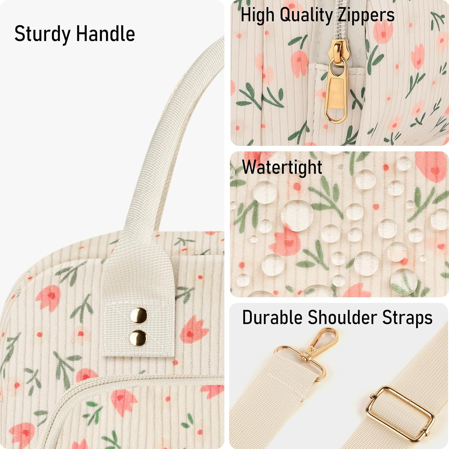 Lunch Bag Large Insulated Lunch Box for Women Men Adult Cute Pink Floral Lunchbox Corduroy Lunch Bags Boxes Pail with Shoulder Strap for Work Mom Picnic Office Travel 11.4×6.8×9.1 inches 11.5L Beige - Image 5