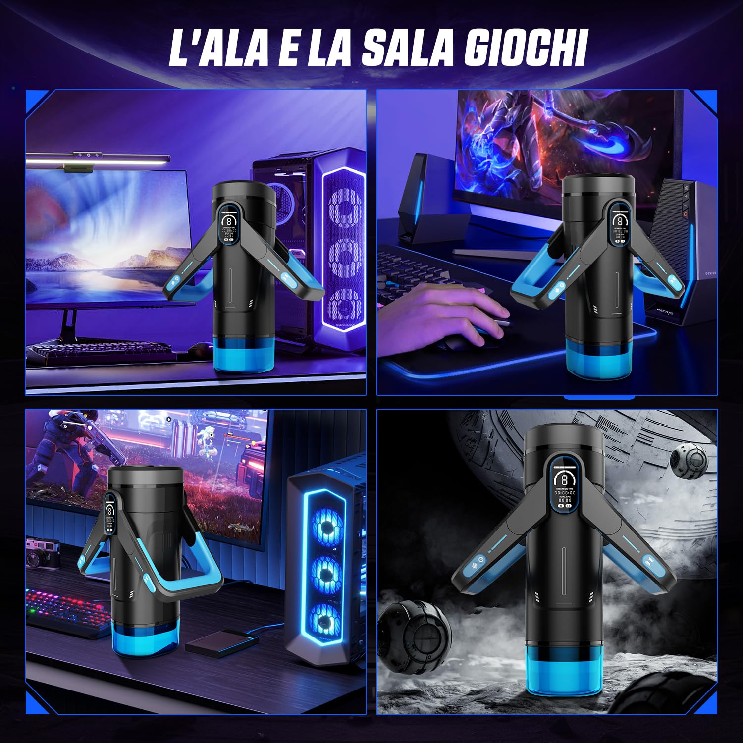 Masturbtore per Uomini Automatico Sex Toys, 9 Modalità Di Spinta e 9 di Vibrazione Sex Machine, Design Della Maniglia Ad Ala Con Display LCD, Uomini Vibratore Masturbatore(Blue)