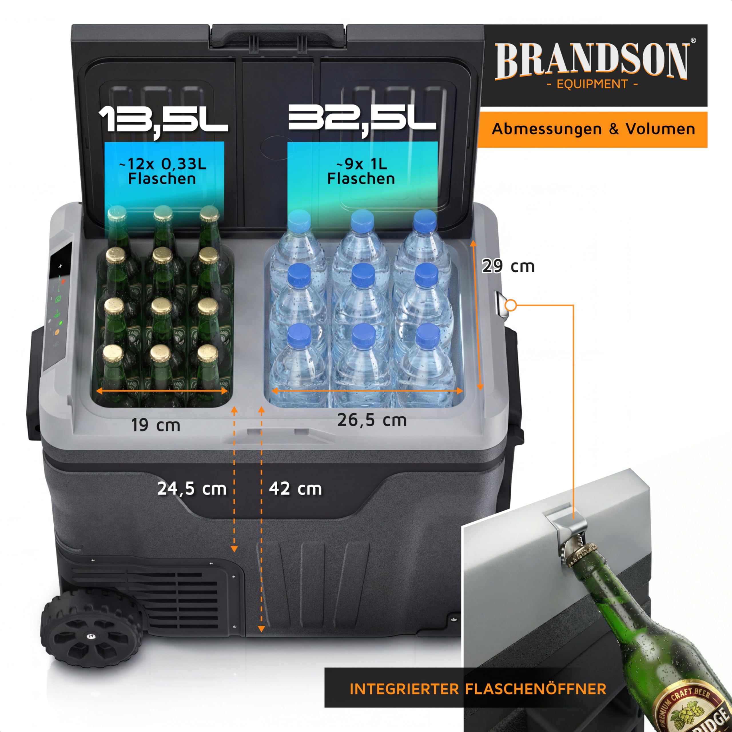 Brandson - Kompressor Kühlbox elektrisch - 2 Zonen / 2 Fächer 46 Liter – ECO Modus - LED Display – Gefriertruhe Kühlung bis -20°C - 12V - 230V – Batteriewächter - Auto Camping Festival LKW Boot