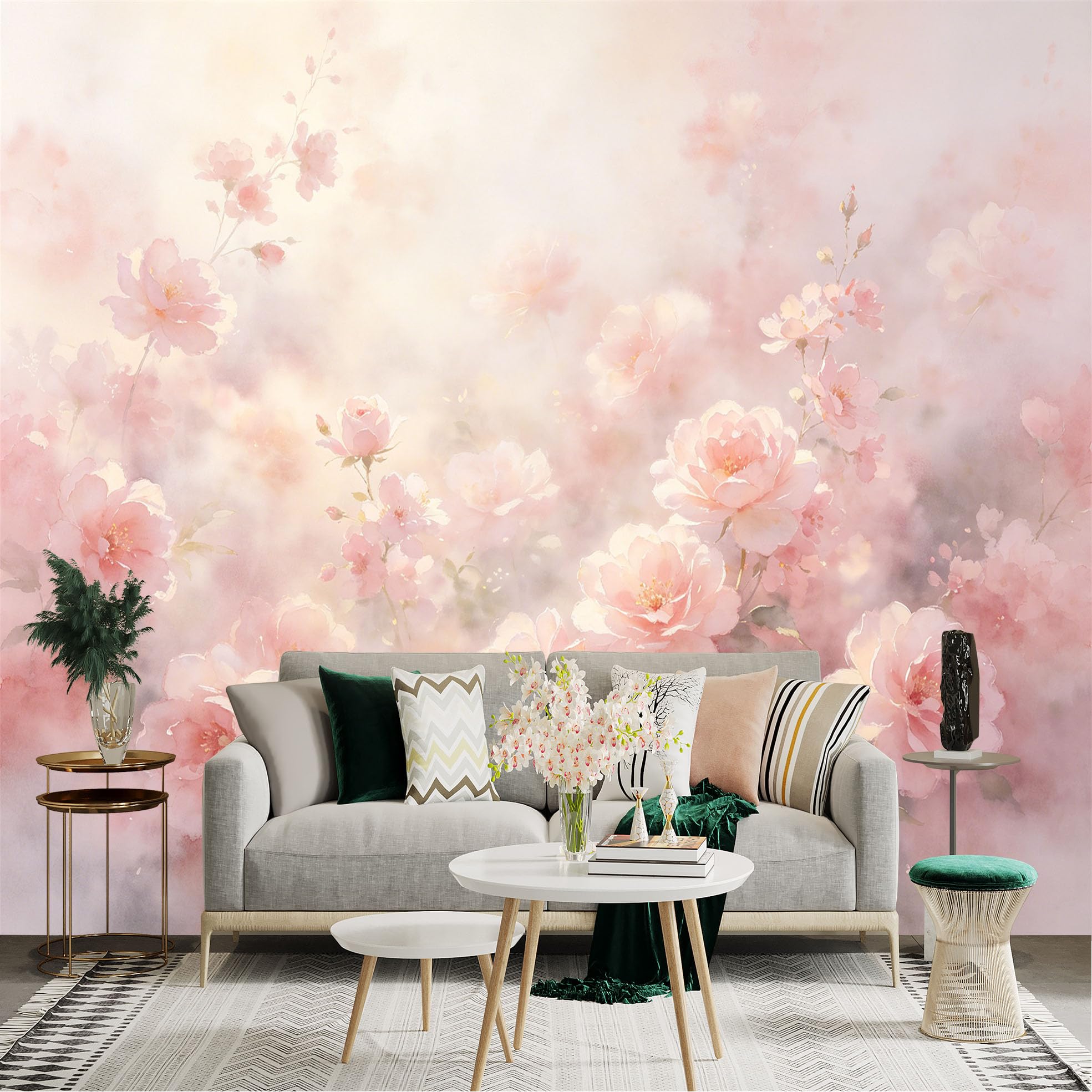 Lnzczhyre Dbh260521170 Custom Size Wall Sticker Mural， Soft Pastel Pink Flowers， Romantic Blooming Roses， Dreamy Floral Background， Artistic Botanical Art， For Wall Decoration， Peelandstick Wall Decals.
