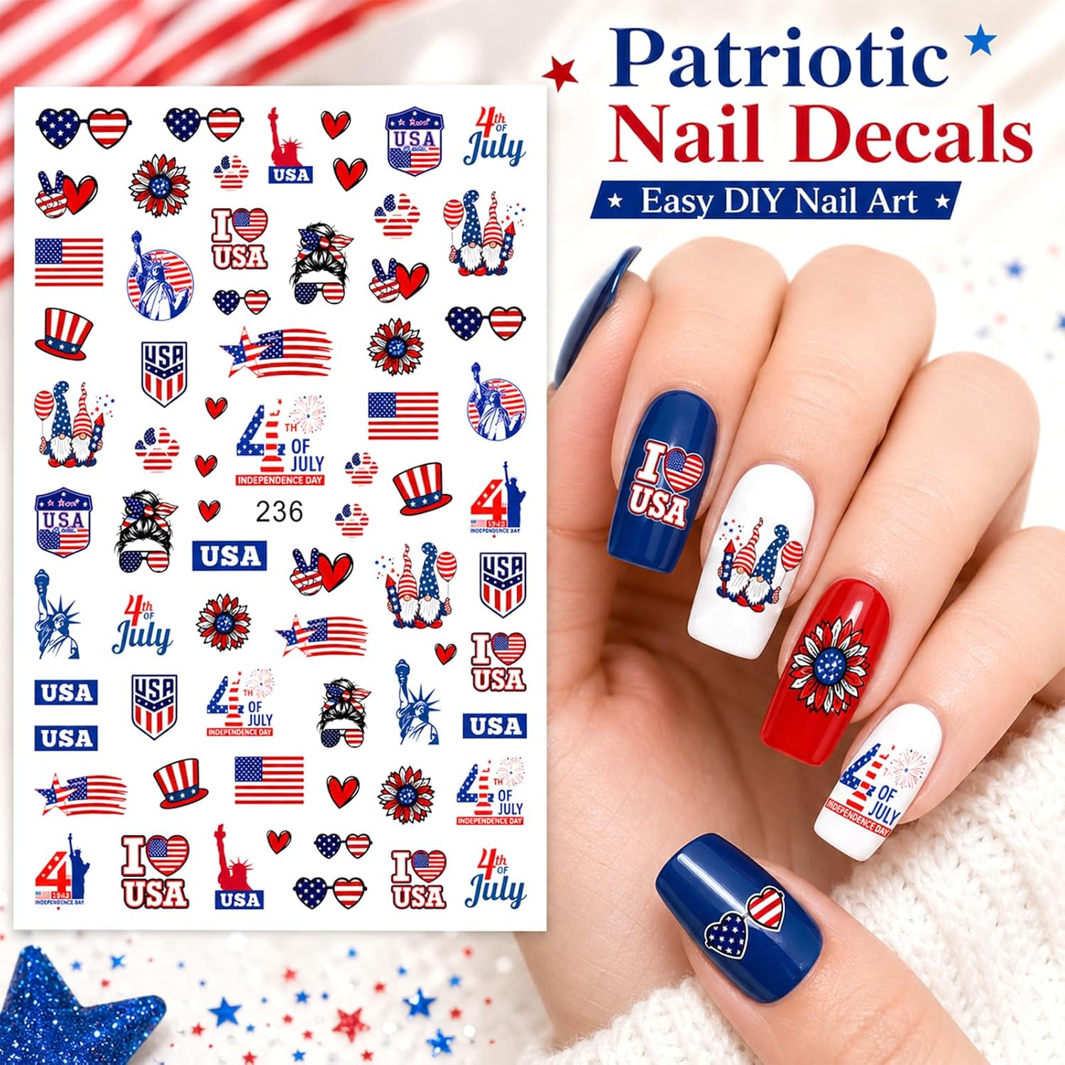 8 Sheets 4th of July Nail Stickers Set Patriotic Nail Stickers for Independence Day Self-Adhesive American Flag 250 Anniversary 4th of July Nails Decals 3D Art Design for Women Party Decor