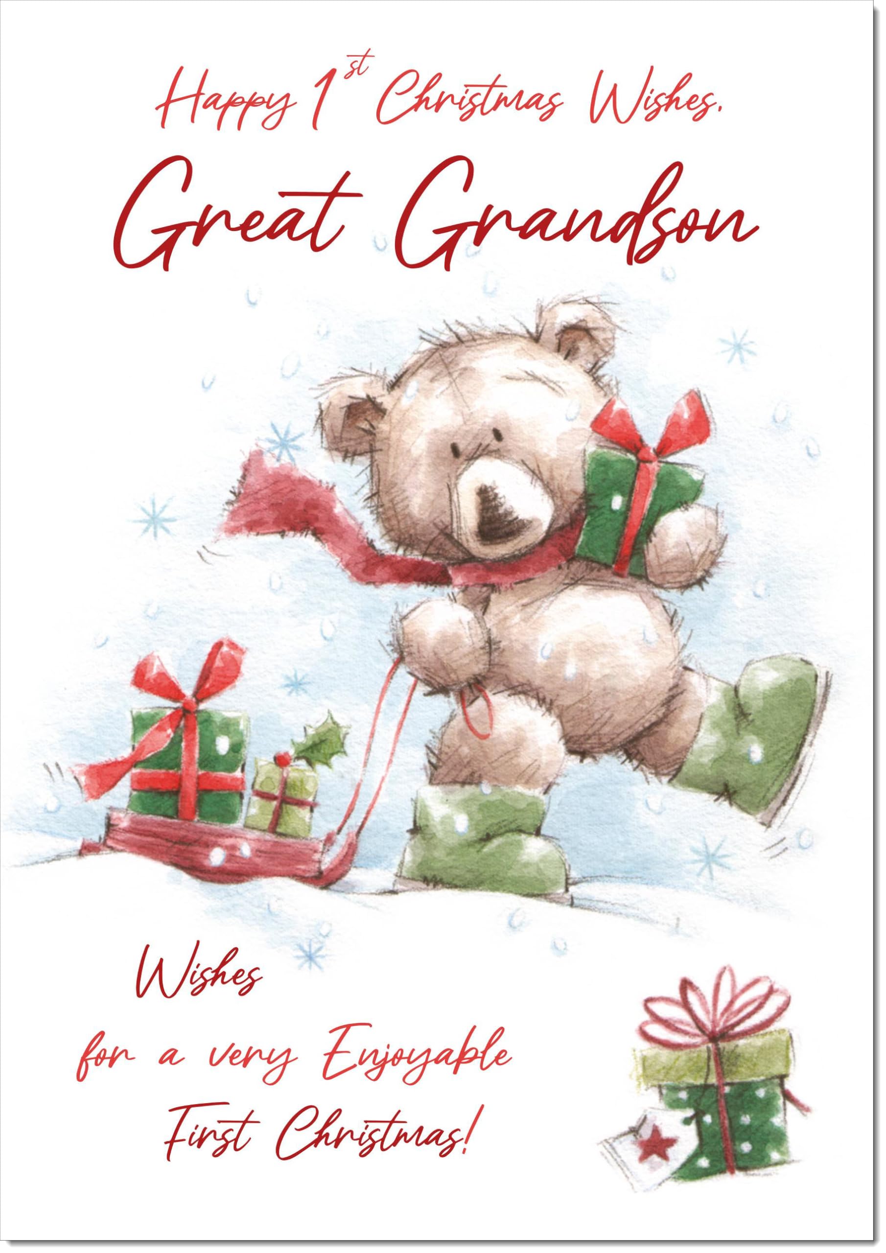 doodlecards Great Grandsons 1st First Christmas Card Cute Bear with Sled Large A4 Size Christmas Card for Great Grandsons 1st with Plain Envelope