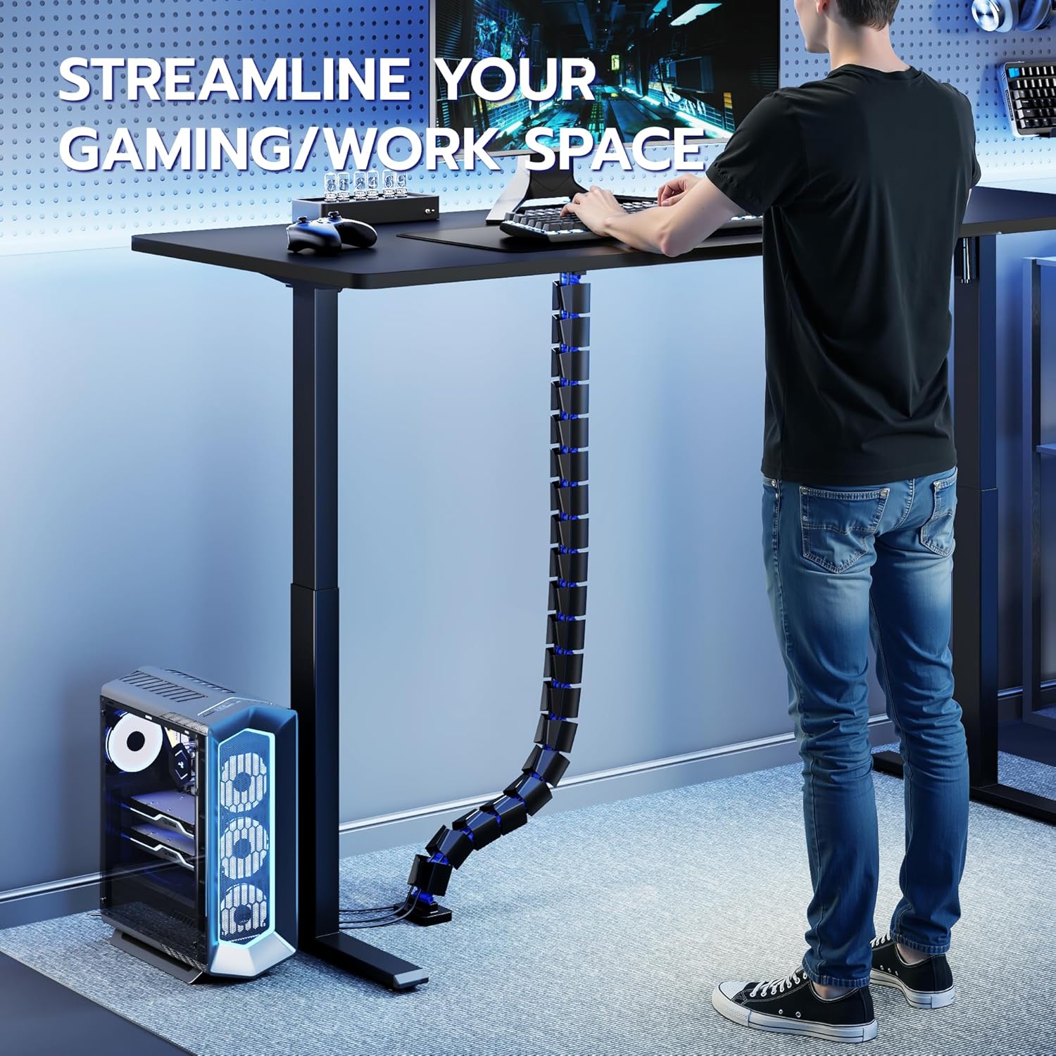 ARES WING Under Desk Cable Management Spine, Magnetic Vertebrae Cable Management for Standing Desk, Length Adjustable Cord Organizer with 20 Modular Vertebrae for Office and Gaming Desks, Blue
