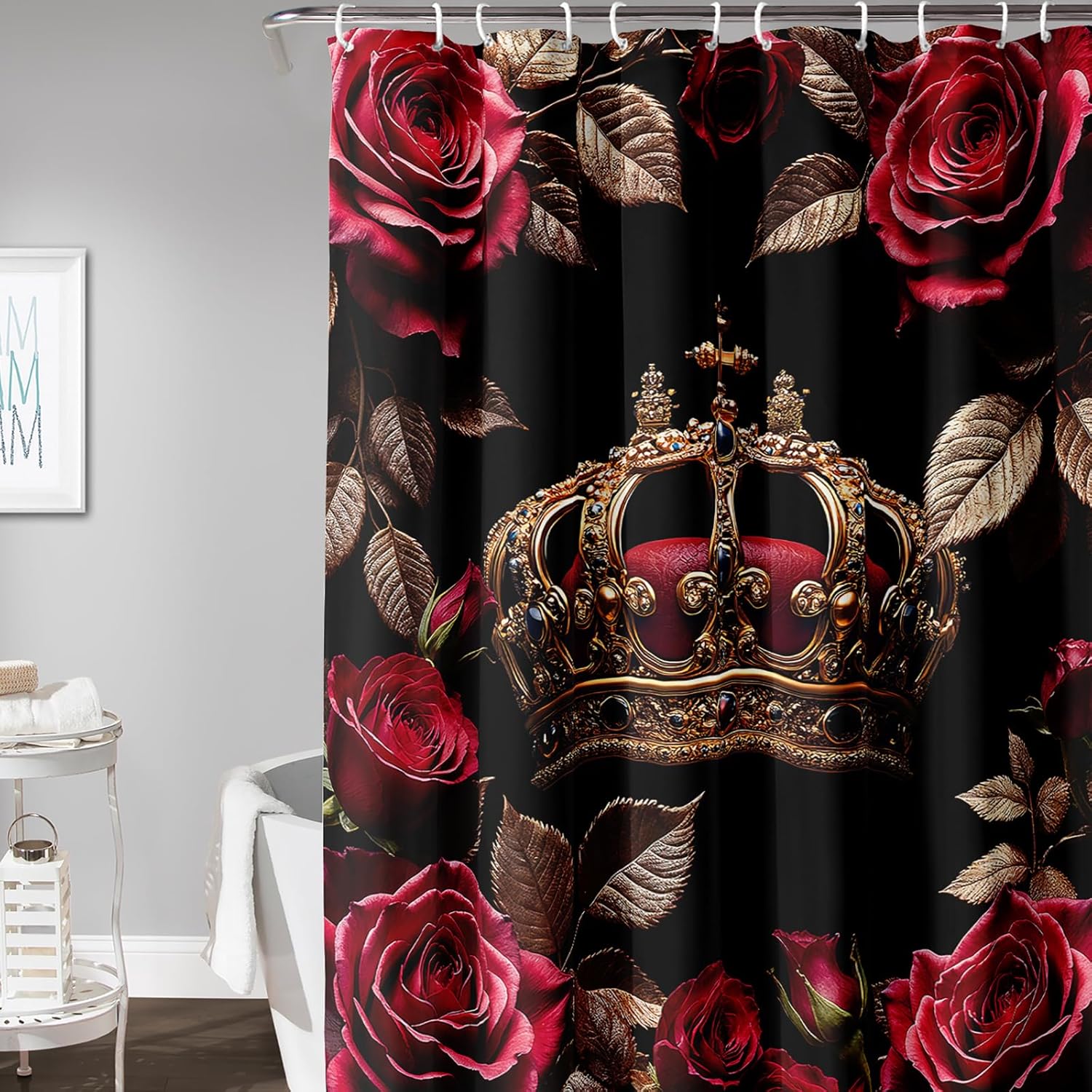 AILONEN Crown Shower Curtain,Red Rose Printed Waterproof Bath Curtain for Couples Lovers Room Decor,Golden Crown Floral Bathroom Decor + Plastic Hooks, 60" W x 72" H