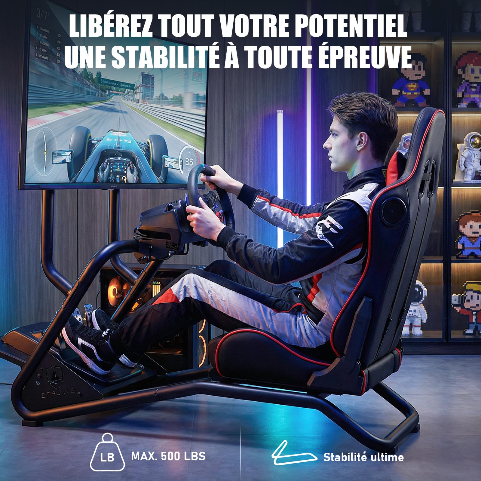 GTPLAYER Simulateur de Conduite, Siège de Simulation avec haut-parleurs stéréo 3D, Support pour écran, Support de volant réglable, Support pour levier de vitesse et pédales (Rouge)