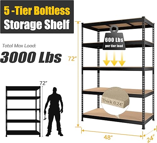 Miniatura 3 de PrimeZone Estantes de almacenamiento resistentes de 48 x 24 x 72 pulgadas, estantería de almacenamiento de garaje ajustable de 5 niveles, estante de