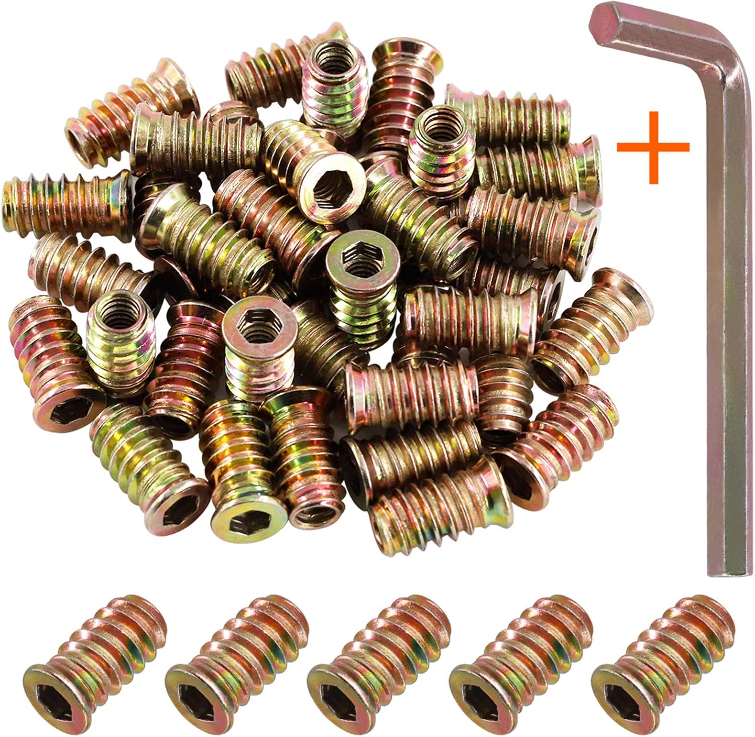 Rustark 120 pcs 1/4" and 5/16" Carbon Steel Zinc Plated Color Threaded Insert Nuts Assortment Set Screw-in Nut Hex Socket Drive Wood Bolt Fastener Connector for Wooden Furniture