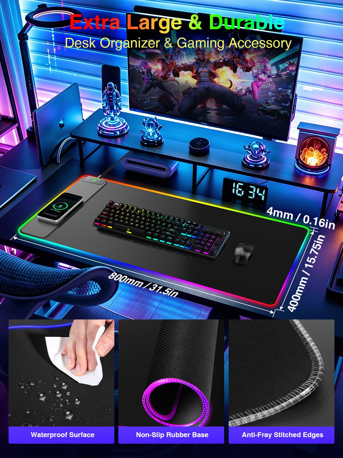 Tappetino per mouse con ricarica wireless, 80 x 40 cm, grande tappetino da scrivania per gaming, 24 effetti di luce, base antiscivolo, impermeabile, superficie liscia