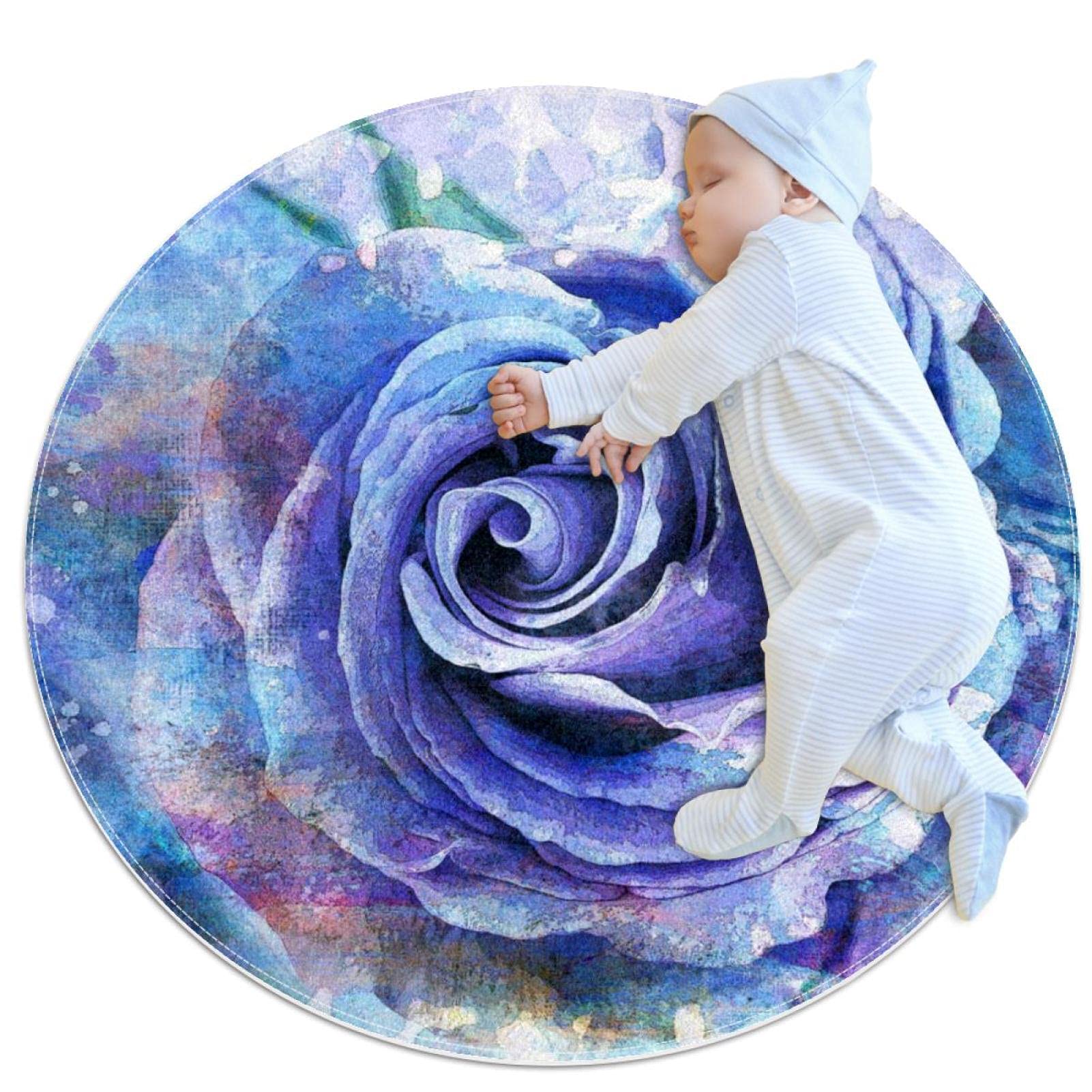 Tapis rond fleur aquarelle pour salon et chambre de bébé cosy 100x100cm
