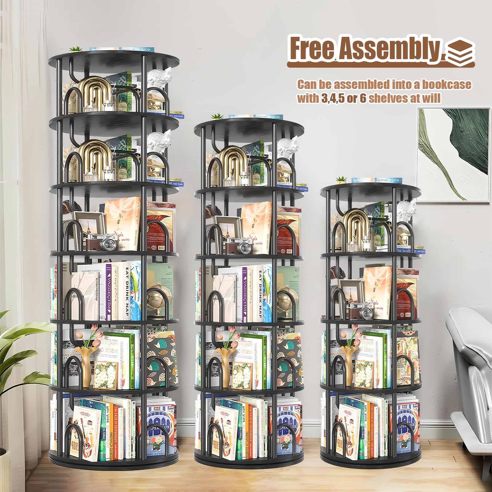 Drehbares Bücherregal 360 Grad, bücherregale Holz, Bodenstehendes ständer Bücherschrank, Aufbewahrungsregal Organisator, Lagerregal für Schlafzimmer Kinderzimmer Wohnzimmer, Schwarz (A, 5 Ebenen)