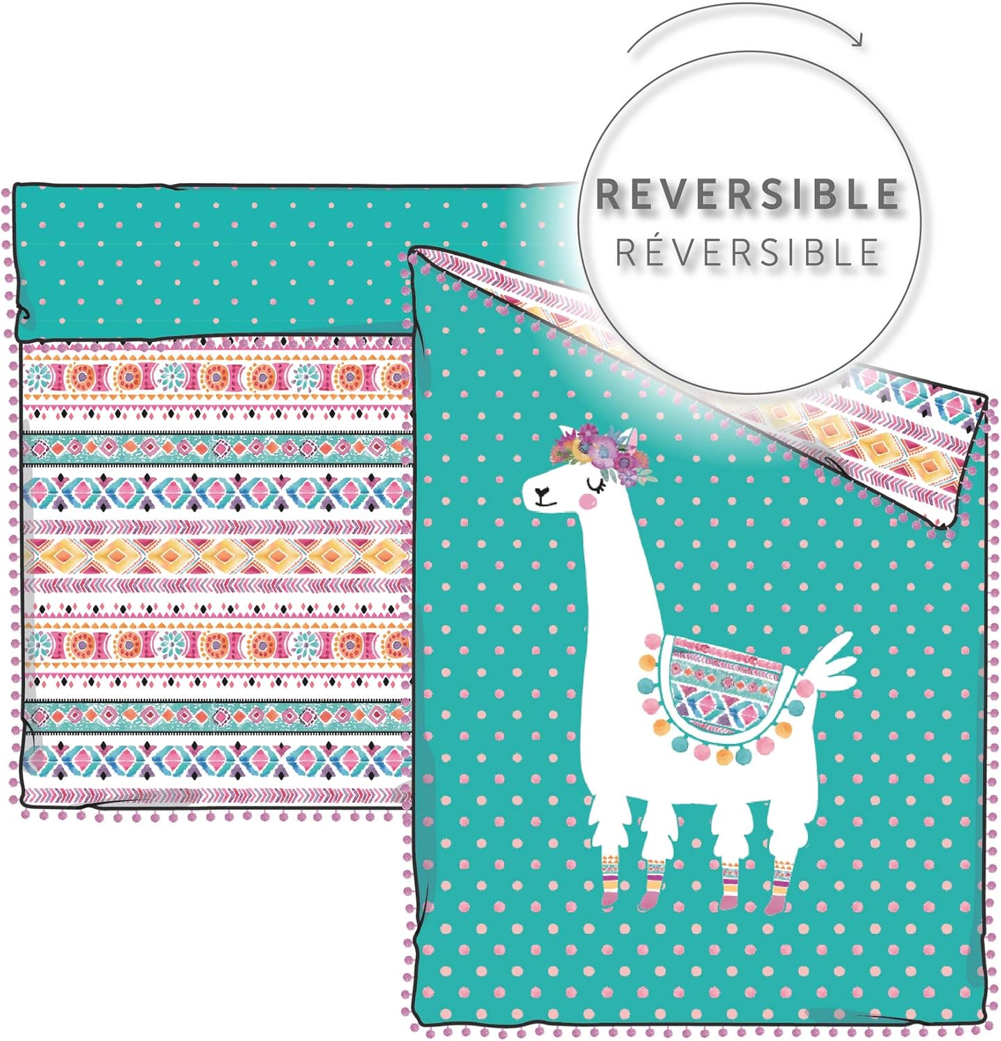 South Shore Dreamit Comforter and Pillowcase Festive Llama, Twin, Turquoise and Pink