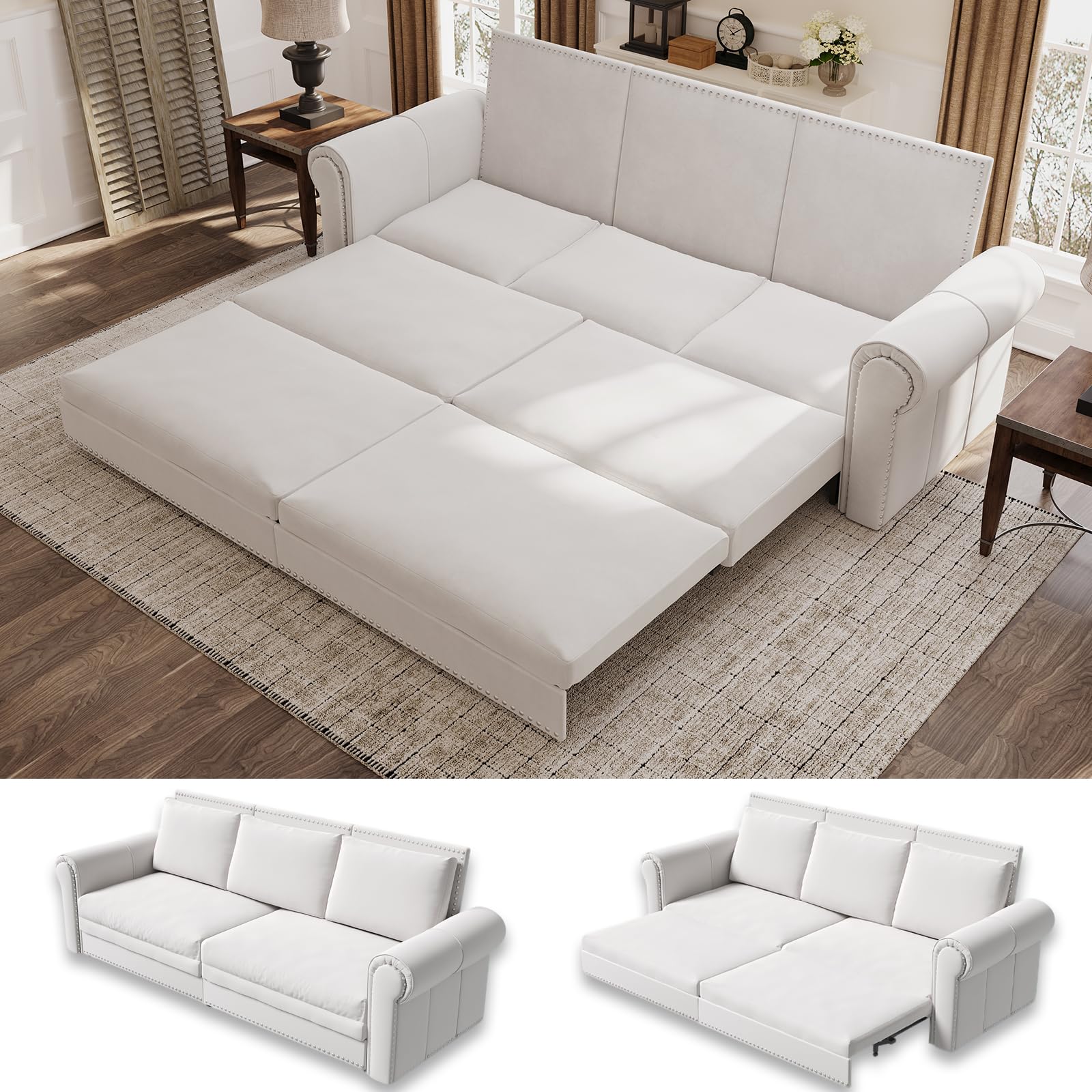 LuxyHoom 93.7" King Size Sleeper Sofa Bed, Pull Out Sofa Bed, Velvet Upholstery, 3 in 1 Convertible Sleeper Couch, Chaise Lounge, Retro Recliner for