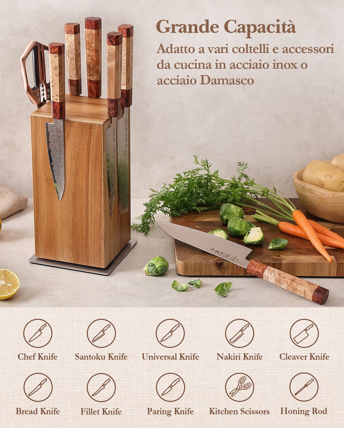 HEZHEN Ceppo Portacoltelli Magnetico Girevole 360° Legno d'Acacia - Blocco Rotazione - Supporto Magnetico a Quattro Lati per Coltelli da Cucina con Base Antiscivolo