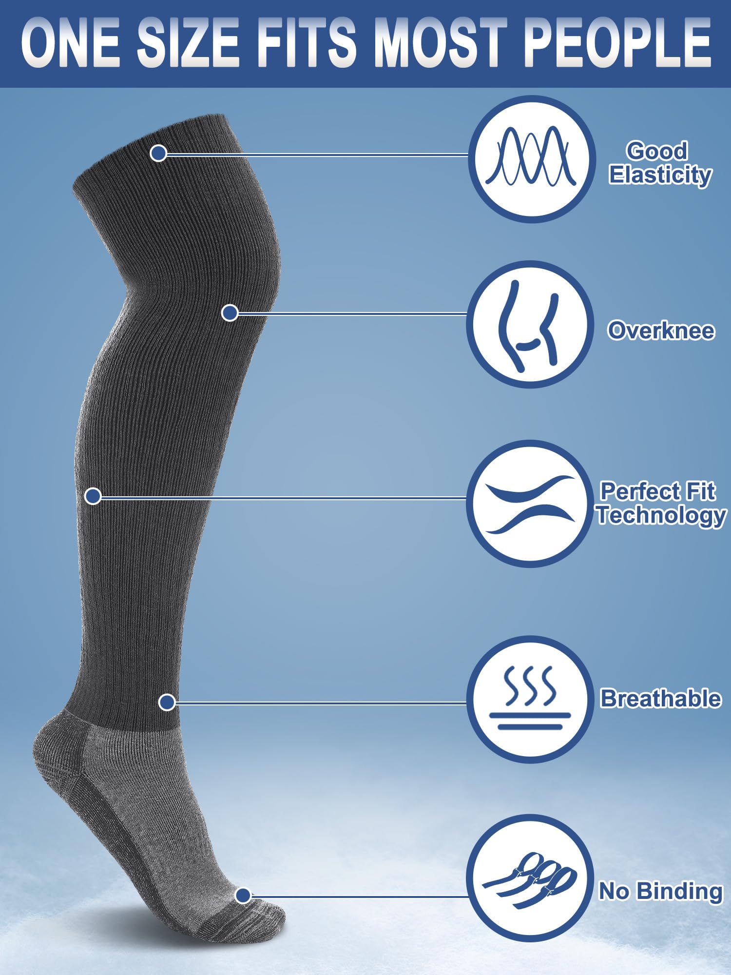 2 pares de calcetines térmicos de mezcla de lana merino para hombre, por encima de la rodilla, calcetines altos para botas altas para hombre, Gris, talla única