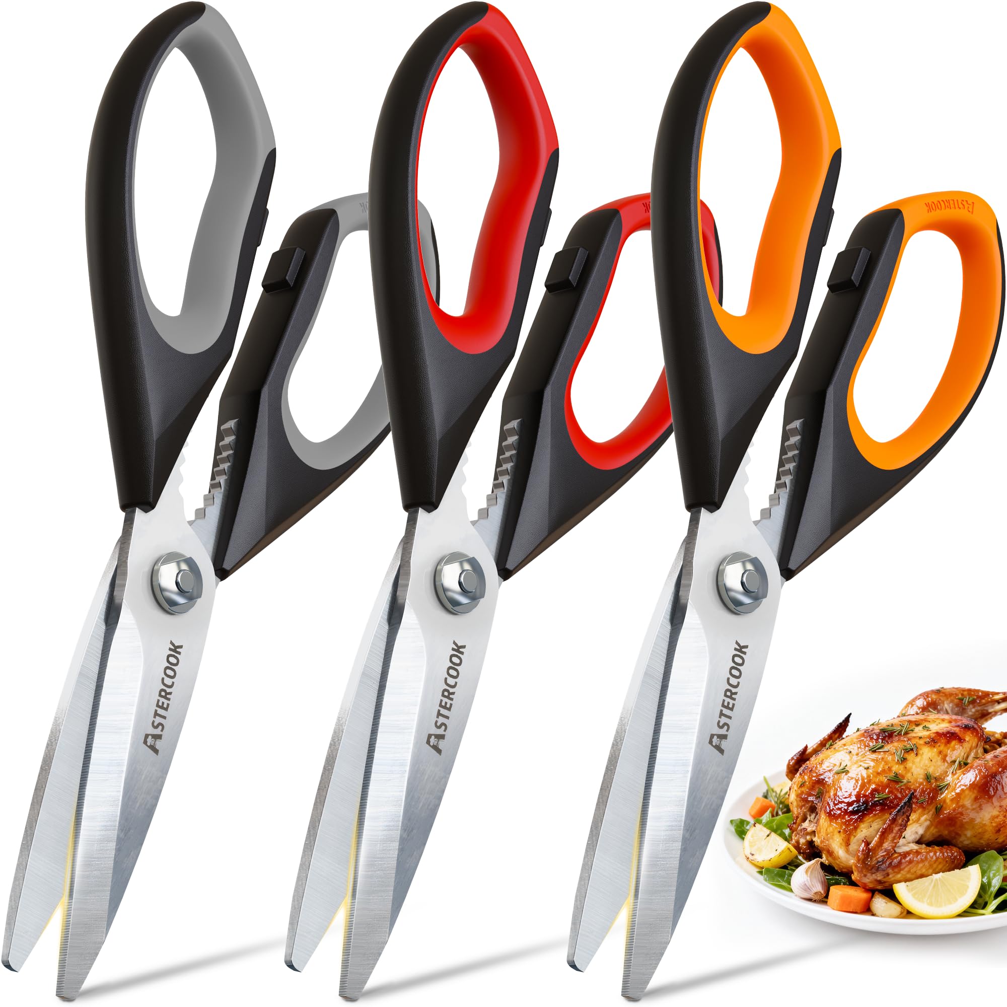 Astercook Kitchen Shears, Kitchen Scissors Heavy Duty Serrated Blade, PP+TPR Handle Shears, Ideal for Poultry, Herbs, Vegetables, Durable and Ergonomic Design (Black Red, Black Orange, Black Grey)