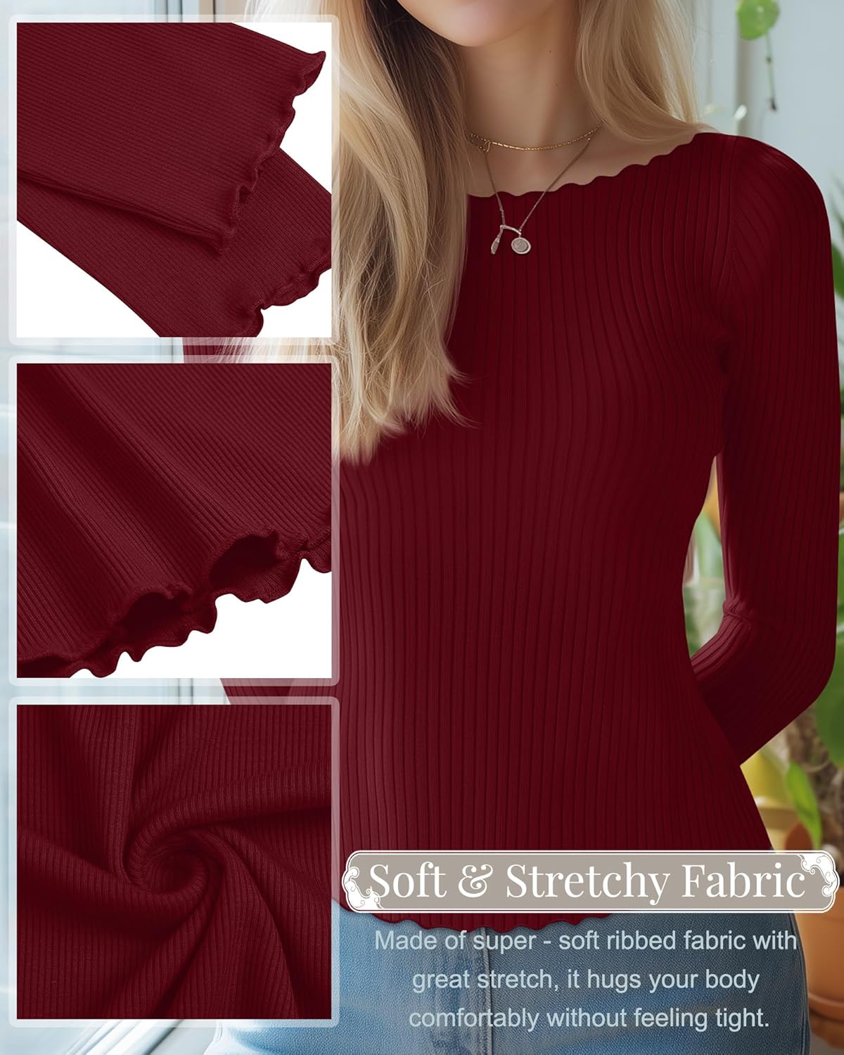 Riyiper 3 Pack Women's Long Sleeve Shirts Ribbed Cotton Boat Neck Tops Lettuce Trim Underscrub Slim Fit Casual Basic Tees - Image 5