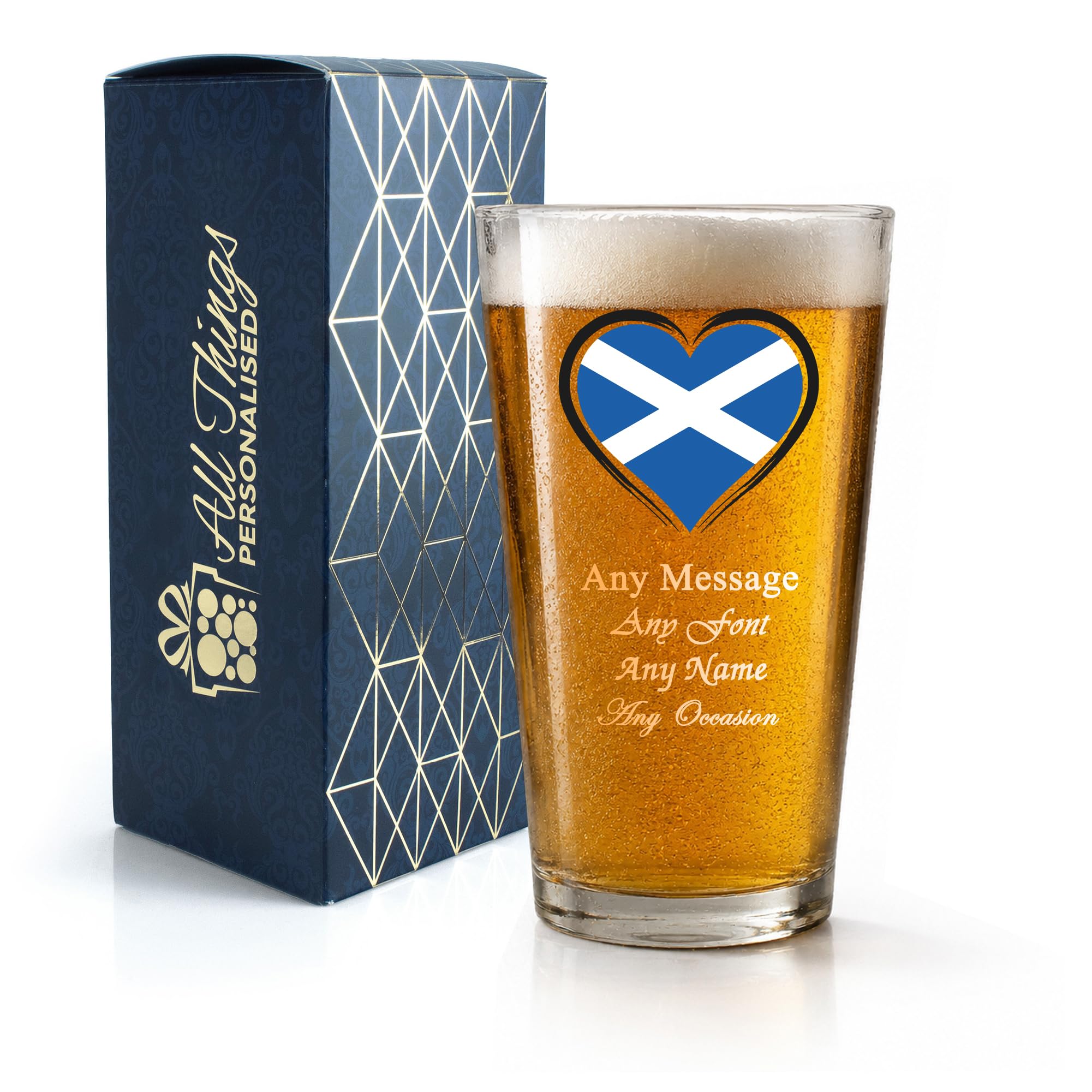 Personalised Engraved Scotland Flag Pint Glass, Gift Boxed, Beer Gift, 20oz Pub Glass, Any Text, Custom Heart Design Beer Glass, Fathers Day