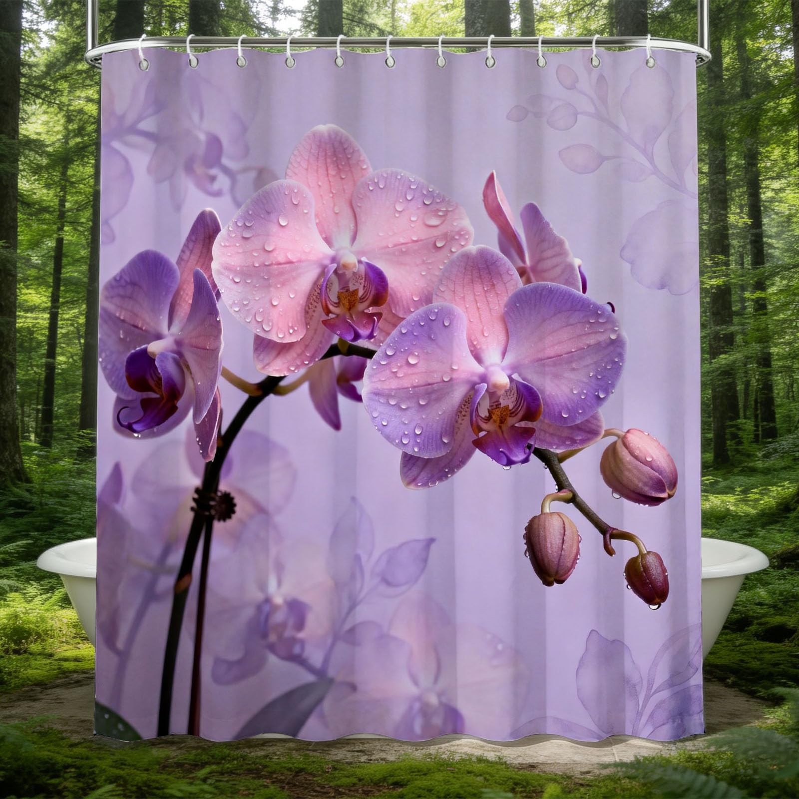 Hongduo 3D Purple Orchid Shower Curtain for Stalls Bathtubs Natural Flowers Bathroom Decor Shower Curtain Set Polyester Fabric Waterproof 180x180cm/71X71 Inch with Hooks