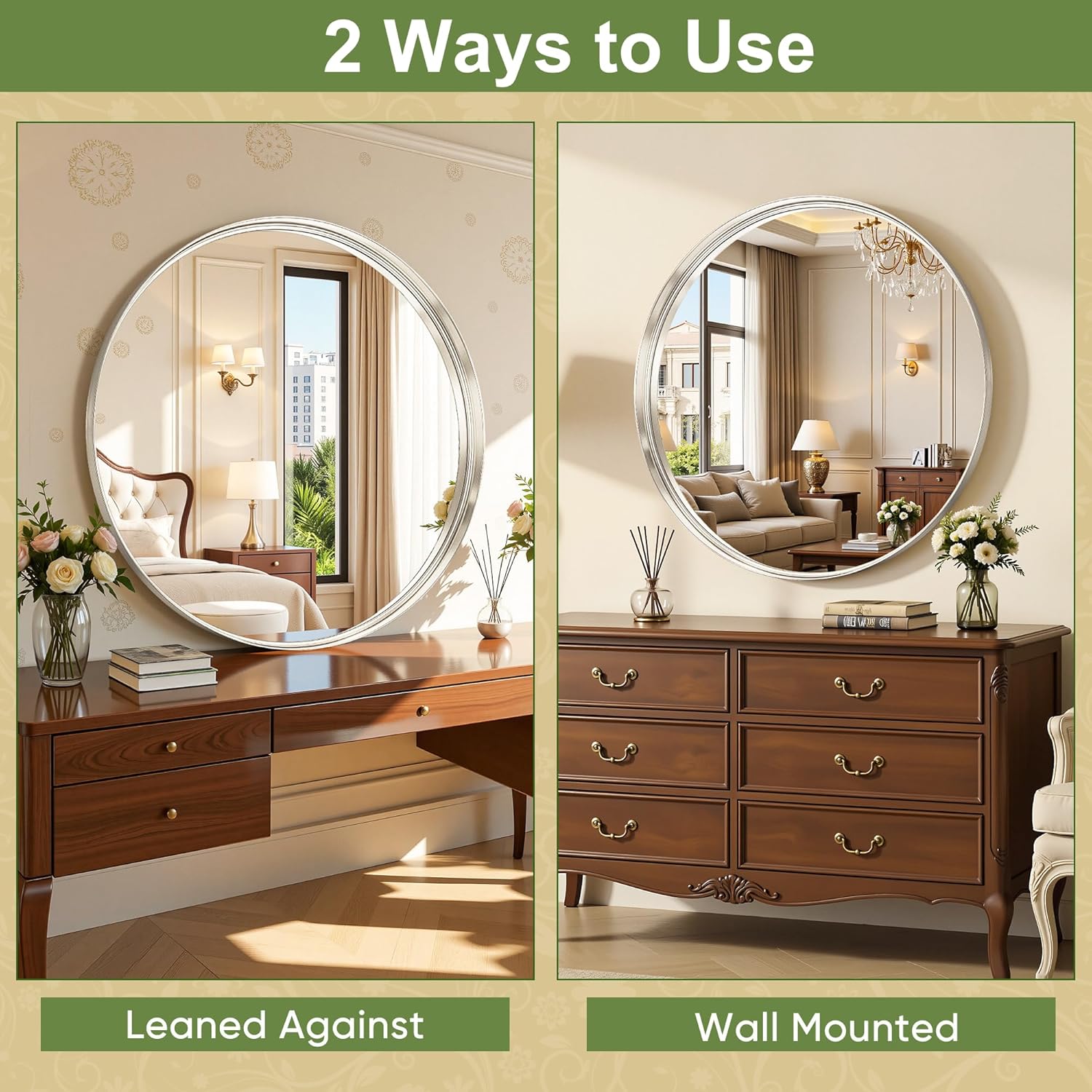 Round Bathroom Mirror, 30 Inch Silver Circle Mirror with Metal Deep Frame, Round Mirrors for Wall Decor, Vanity, Entryway, Living Room