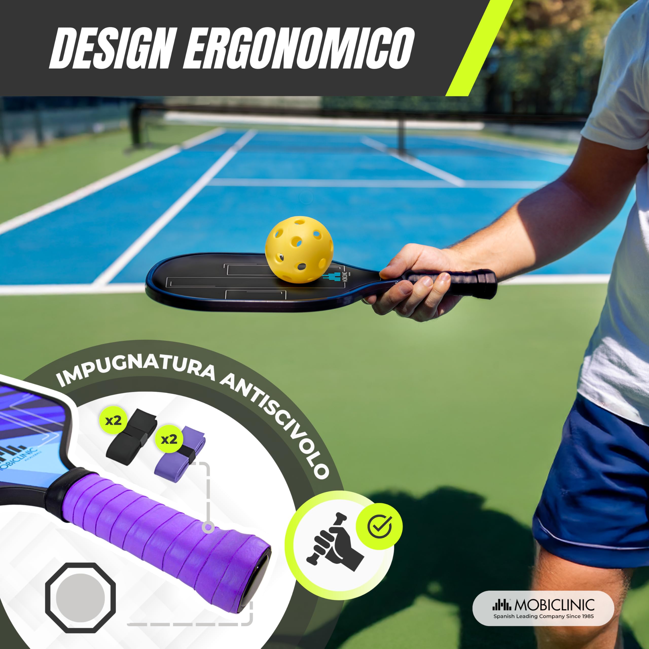 Mobiclinic®, Set da Pickleball, Racchette in Fibra di Vetro, Palline per Interni ed Esterni, Borsa da Trasporto, Ergonomico, Anima in Polipropilene a Nido D'ape, Grip (4 racchette + 8 palline + rete)
