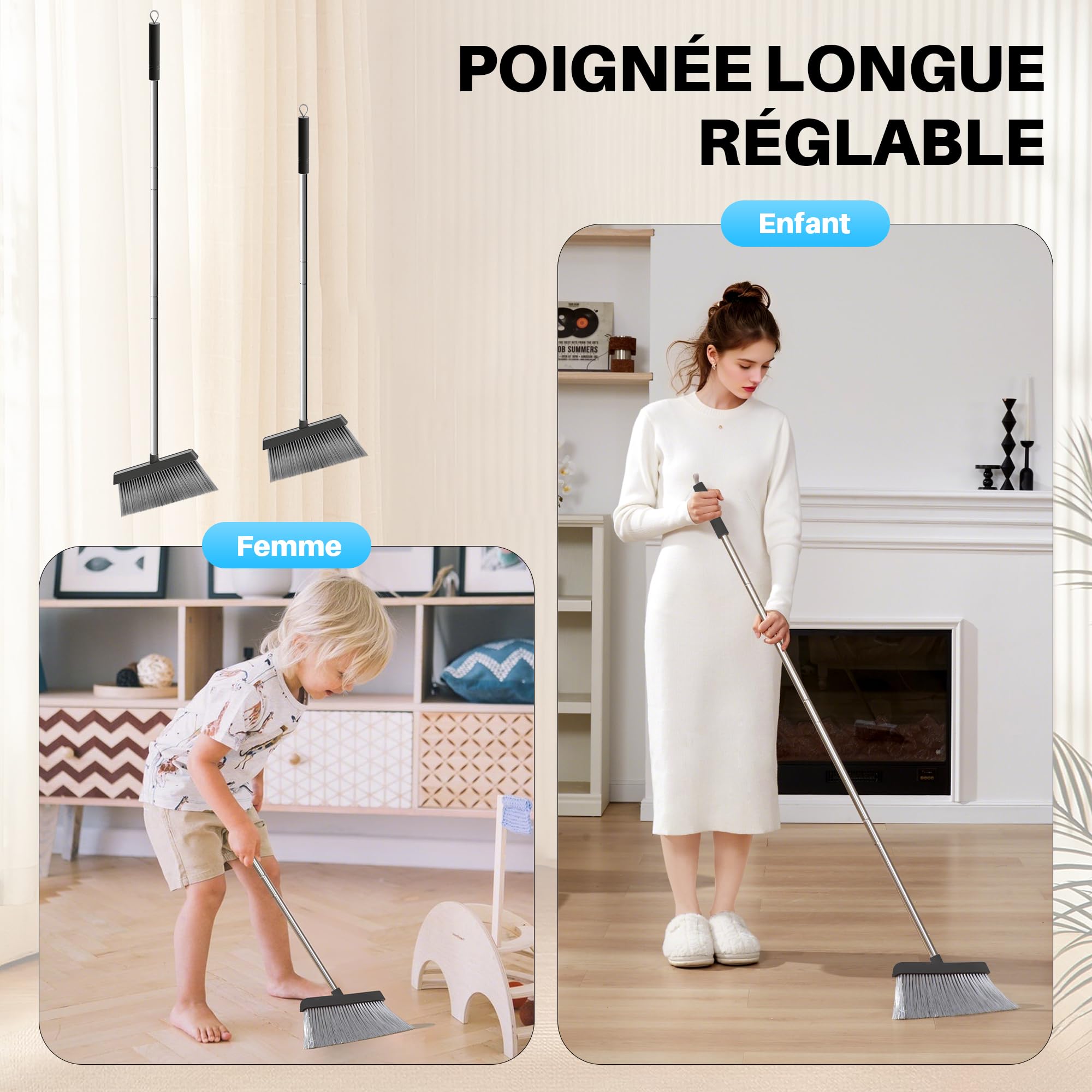 JOYMOOP Ensemble Balai et Pelle à poussière, Pelle et balayette Long Manche, Balai sans se baisser pour intérieur et extérieur, Noir et Gris
