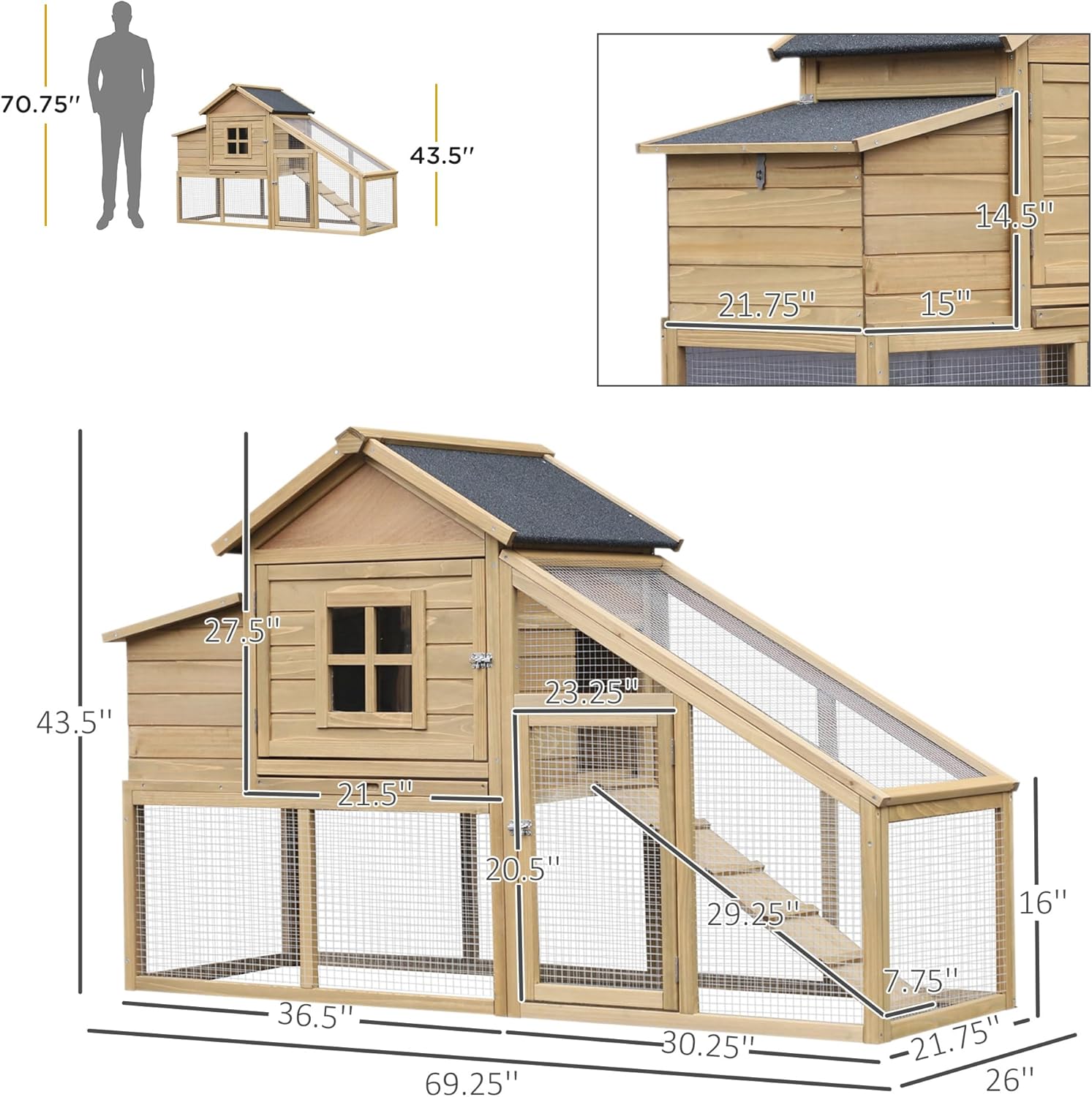 PawHut 69" Wooden Chicken Coop, Poultry Cage Hen House with Connecting Ramp, Removable Tray, Ventilated Window and Nesting Box, Natural