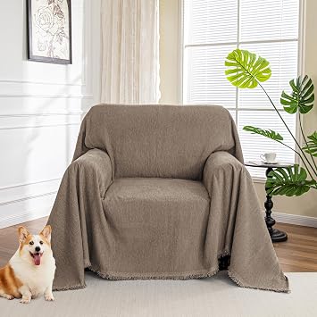 MYSKY HOME Chair Couch Cover Sectional Couch Covers for Pet Sofa Covers Non Slip Soft Couch Sofa Cover, Washable Furniture Protector Sofa Slipcover with Tassel Sofa Throws Living Room, 71"x91", Sand