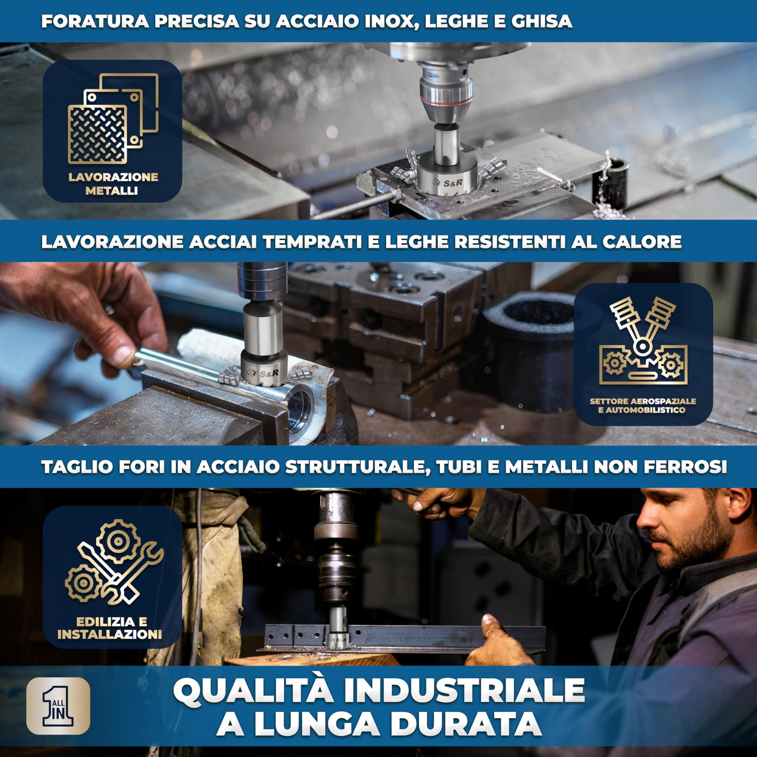 S&R Set 5 Seghe a Tazza Metallo HSS Frese in Acciaio Cobalto. Sega a tazza 16mm 18,5mm 20mm 25mm 30mm per Metallo Legno plastica. Codolo Esagonale 9,5 mm.