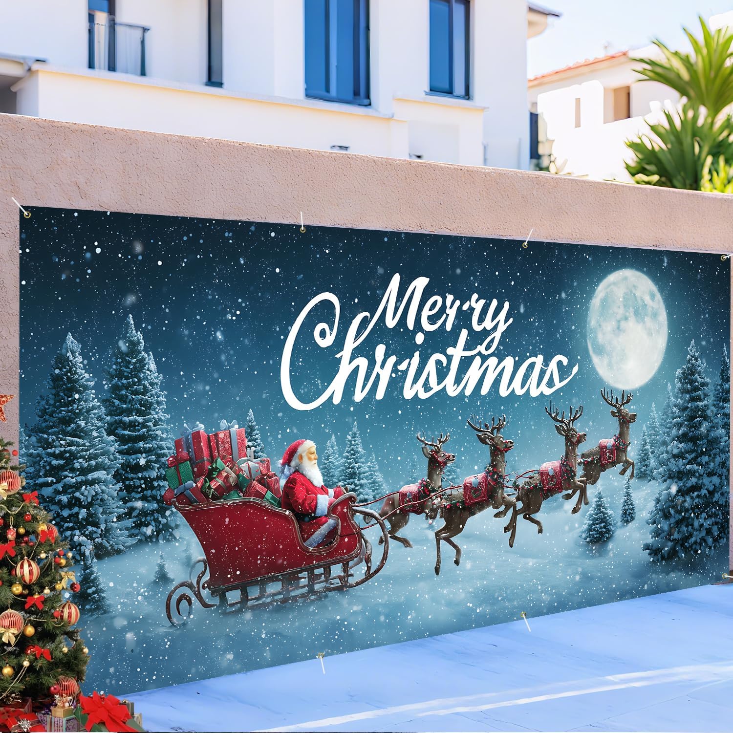 Merry Christmas Red Sleigh Garage Door Banner 6x13FT, Santa with Gift-Filled Sleigh & Reindeer, Snowy Night Backdrop, Outdoor Holiday Banner, Garage door Mural for Xmas Party Home Decor