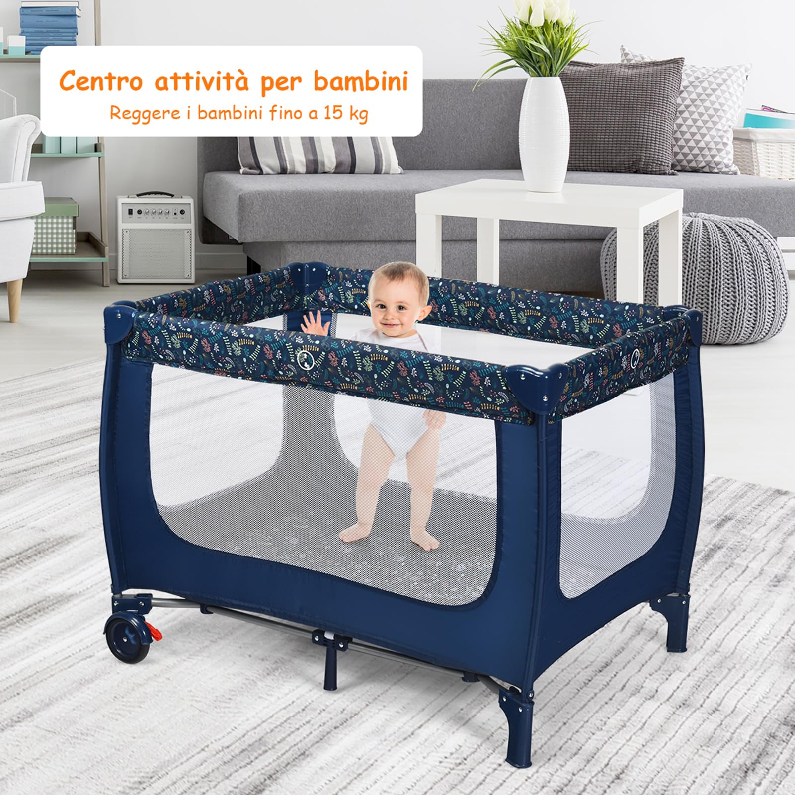 COSTWAY Lettino da Campeggio con Materasso, Lettino per Bambini Pieghevole, Culla da Viaggio Portatile con 2 Ruote, Per Bambini 0-36 Mesi, 125 x 65 x 76 cm (Blu)