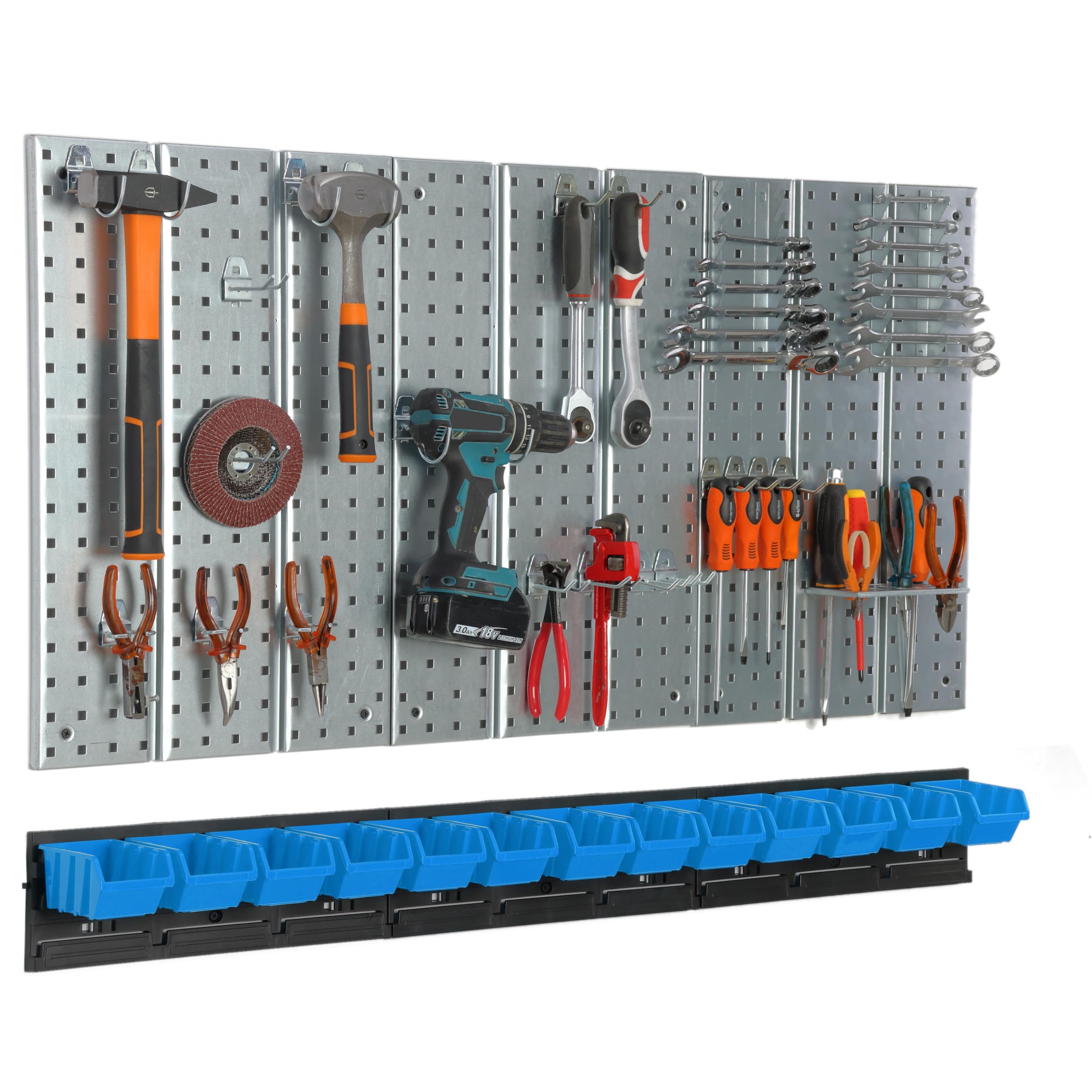 Panel de herramientas de metal 117 x 72 cm, sistema de almacenamiento con portaherramientas, ganchos para herramientas y 13 cajas apilables, 80 x 115 x 60 mm, color: azul, tablero perforado, taller,