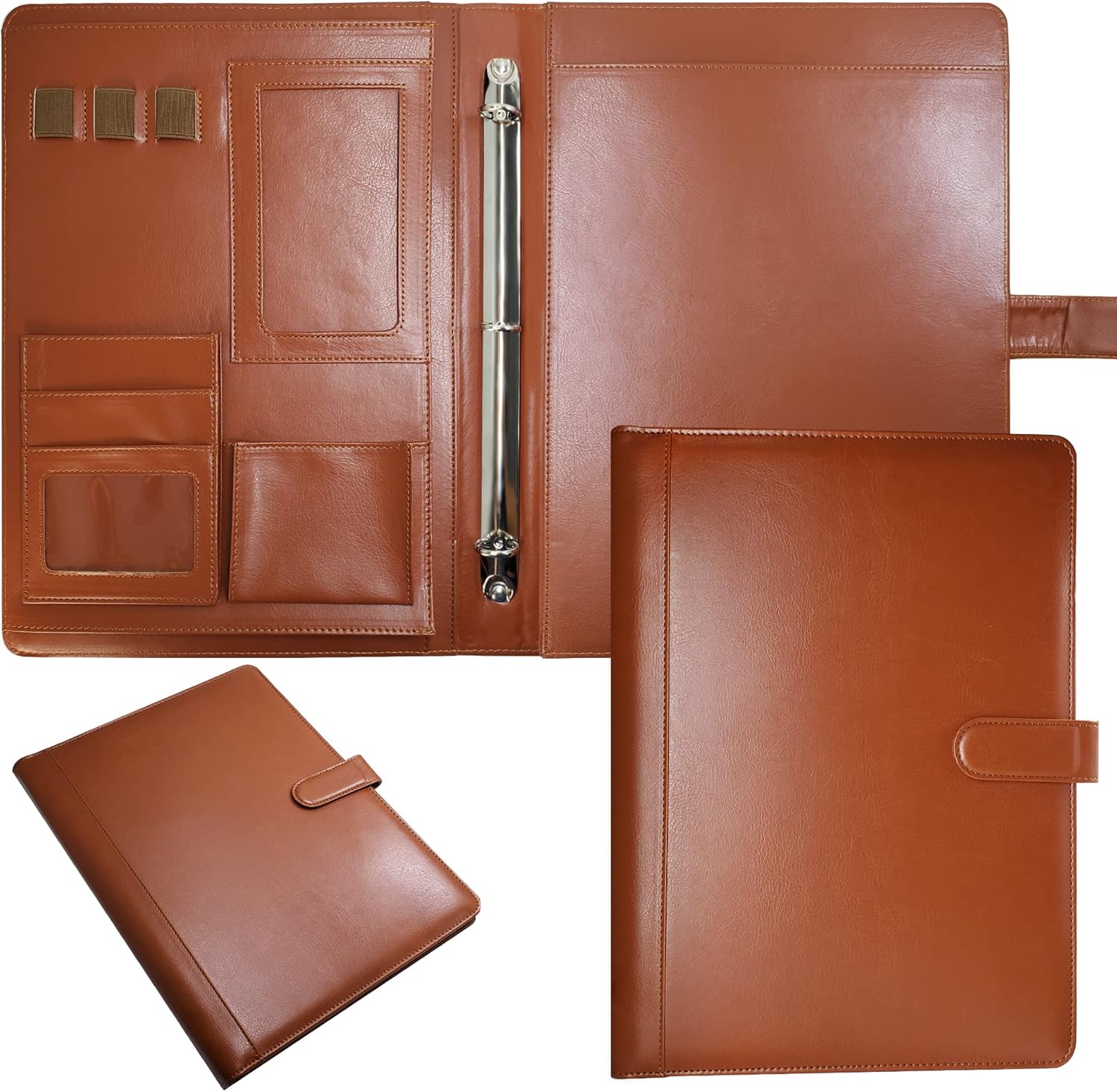 Leather Portfolio Binder (3 Rings) - Brown Padfolio With Letter Size Writing Pad, 10 File Sleeves, Card and Pen Holder - A4 Notebook Organizer for Interview, Resume, Conference