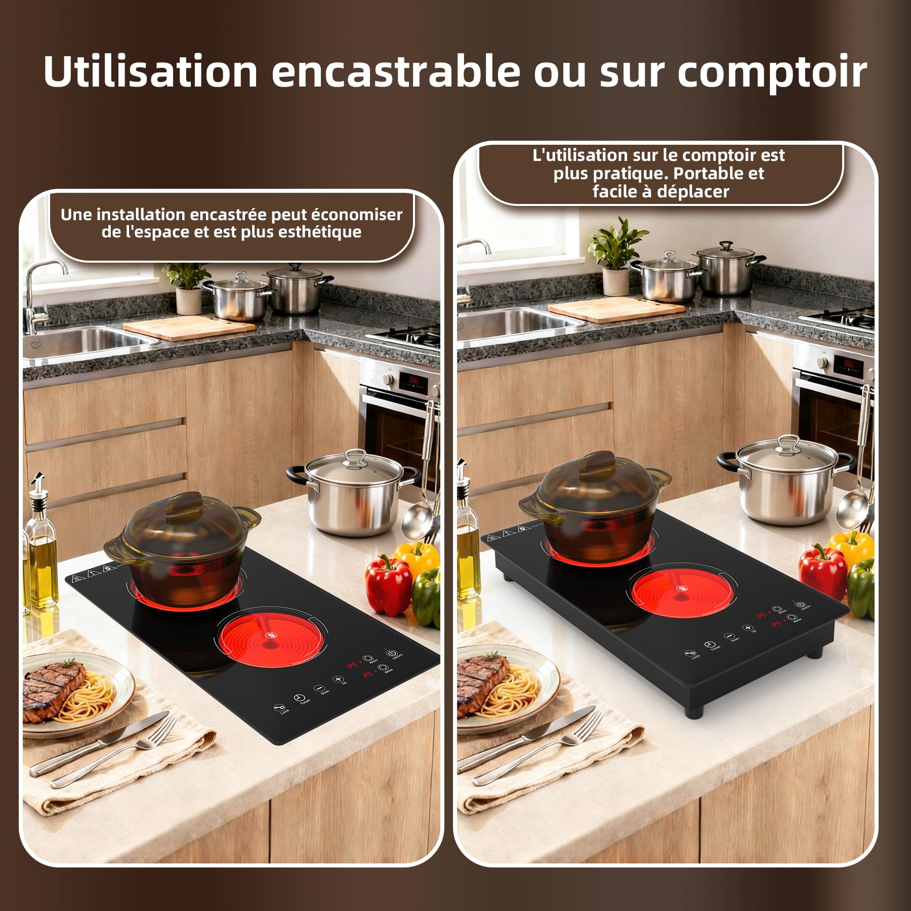VBGK plaque de cuisson, 220V, 3000W, plaque vitrocéramique 2 feux avec commande tactile LED, 9 niveaux de puissance,Verrouillage enfant & Minuteur 4heures,plaque vitrocéramique 28.8 centimètre 2 feux