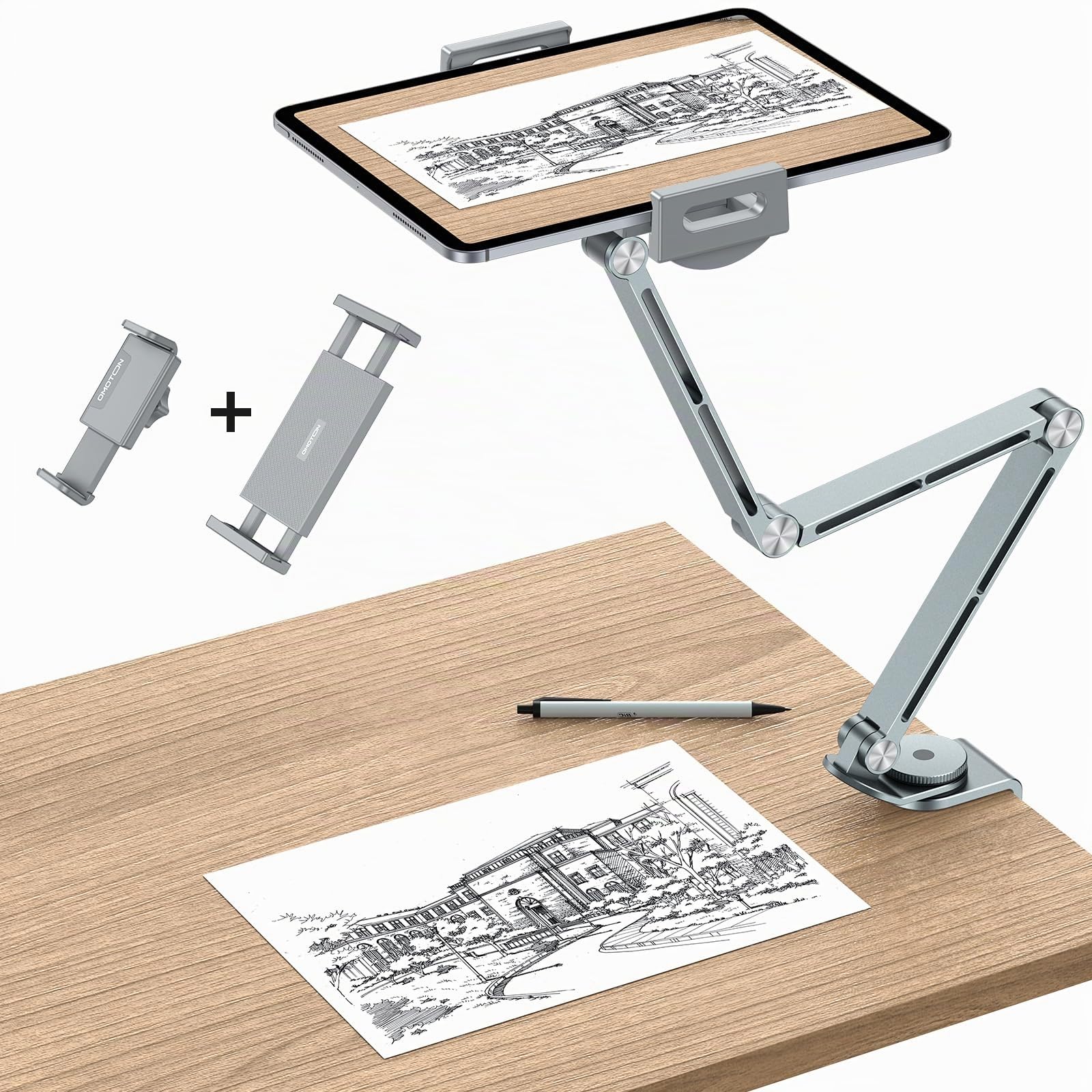 OMOTON Soporte para Tableta de Aluminio para Escritorio, Giratorio 360°, GH03 Soporte Ajustable con 2 Abrazaderas de Plástico (Teléfono y Tablet), para iPad/iPhone de 4 a 12", Gris