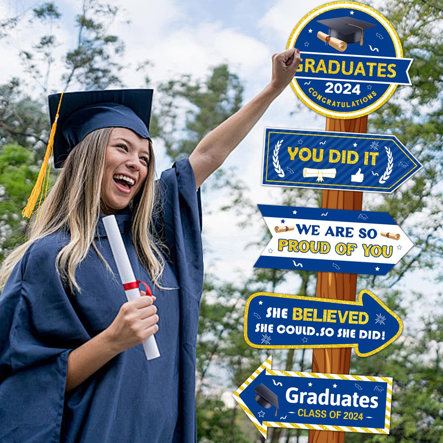 Großes Abschluss-Banner 'Congratulations' 183,9 X 111,8 Cm – Blaue & Goldene Partydekoration Für Klasse 2024