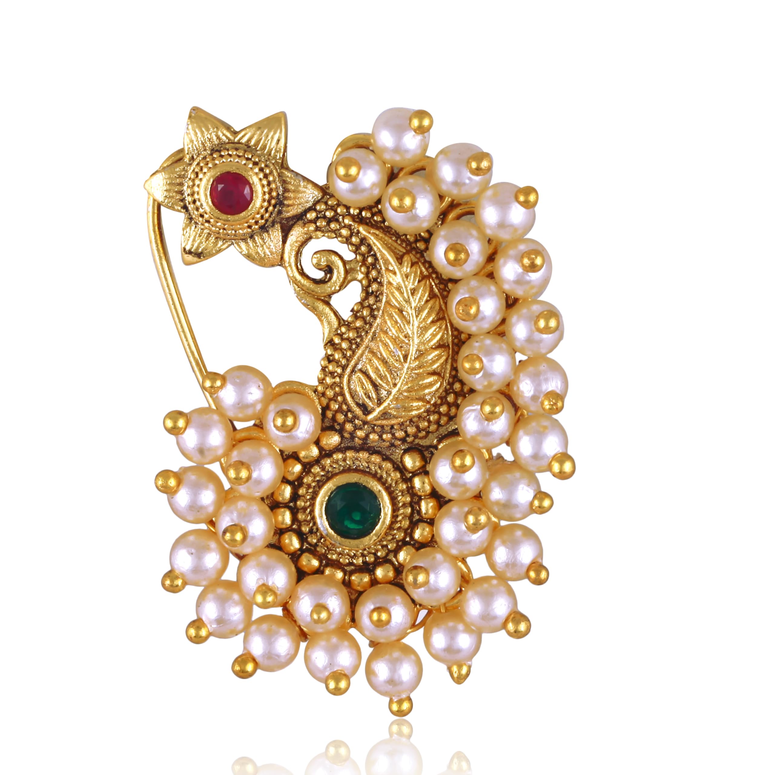 Vighnaharta Gold Plated Pearls (Moti) mayur Pankh Peacock Alloy Maharashtrian Cultural Nath Nathiya./ Nose Pin for women[VFJ1287NTH-PRESS-image-28