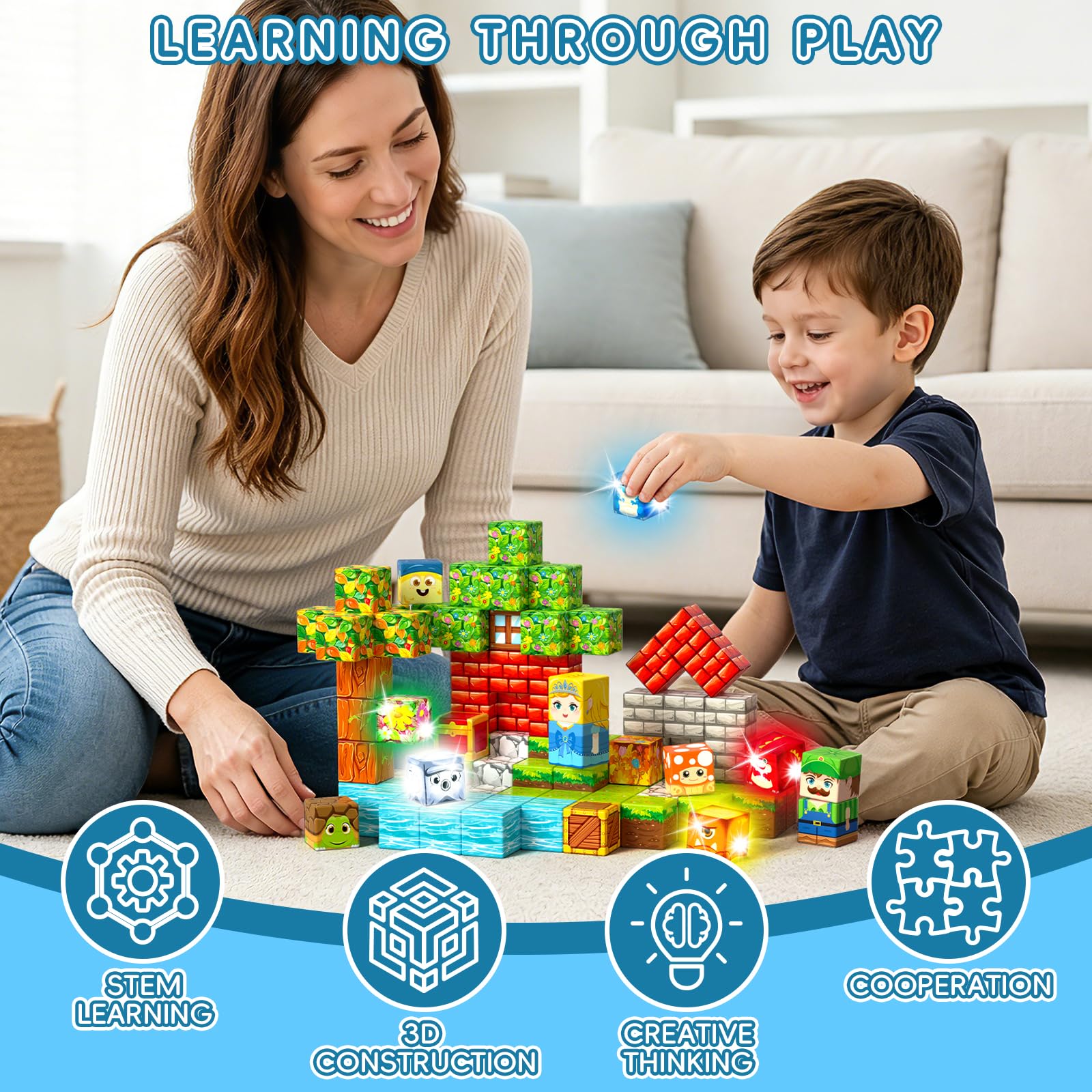 Mini-Magnetblöcke, Bauspielzeug mit 7 beleuchteten Würfeln, tragbare magnetische Reiseblöcke mit Eisen-Etui für Kinder ab 3 Jahren, Lernspielzeug für STEM & Konstruktions-Lernen, 116 Stück