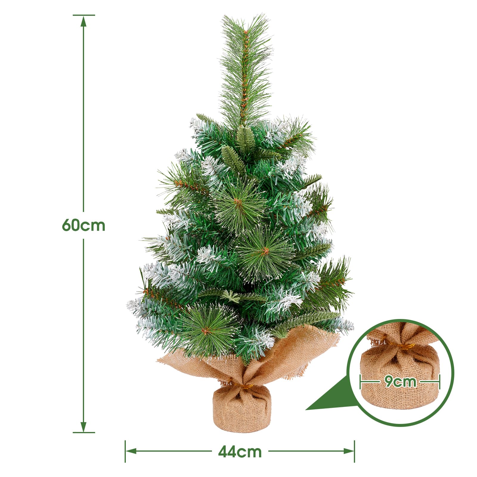 Mini kerstboom, 60 cm kleine kerstboom met besneeuwde gemengde dennennaalden, decoratie voor Kerstmis, kantoor, woonkamer, keuken, vensterbank, Kerstmis, desktop, eettafel