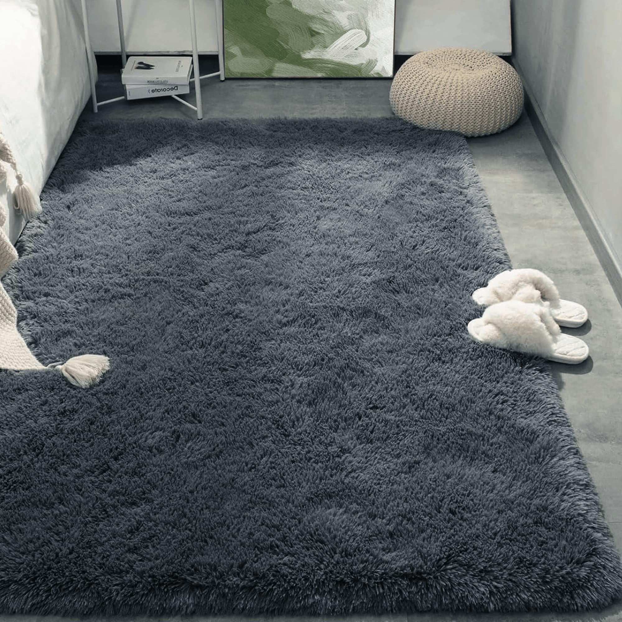 Grand Tapis Salon 260 x 280 cm Moelleux et Moderne Moderne Longs Tapismoquette Chambre Lavable Antidérapant pour Décoration de Salon, Chambre à Coucher, d'enfant, Gris Foncé