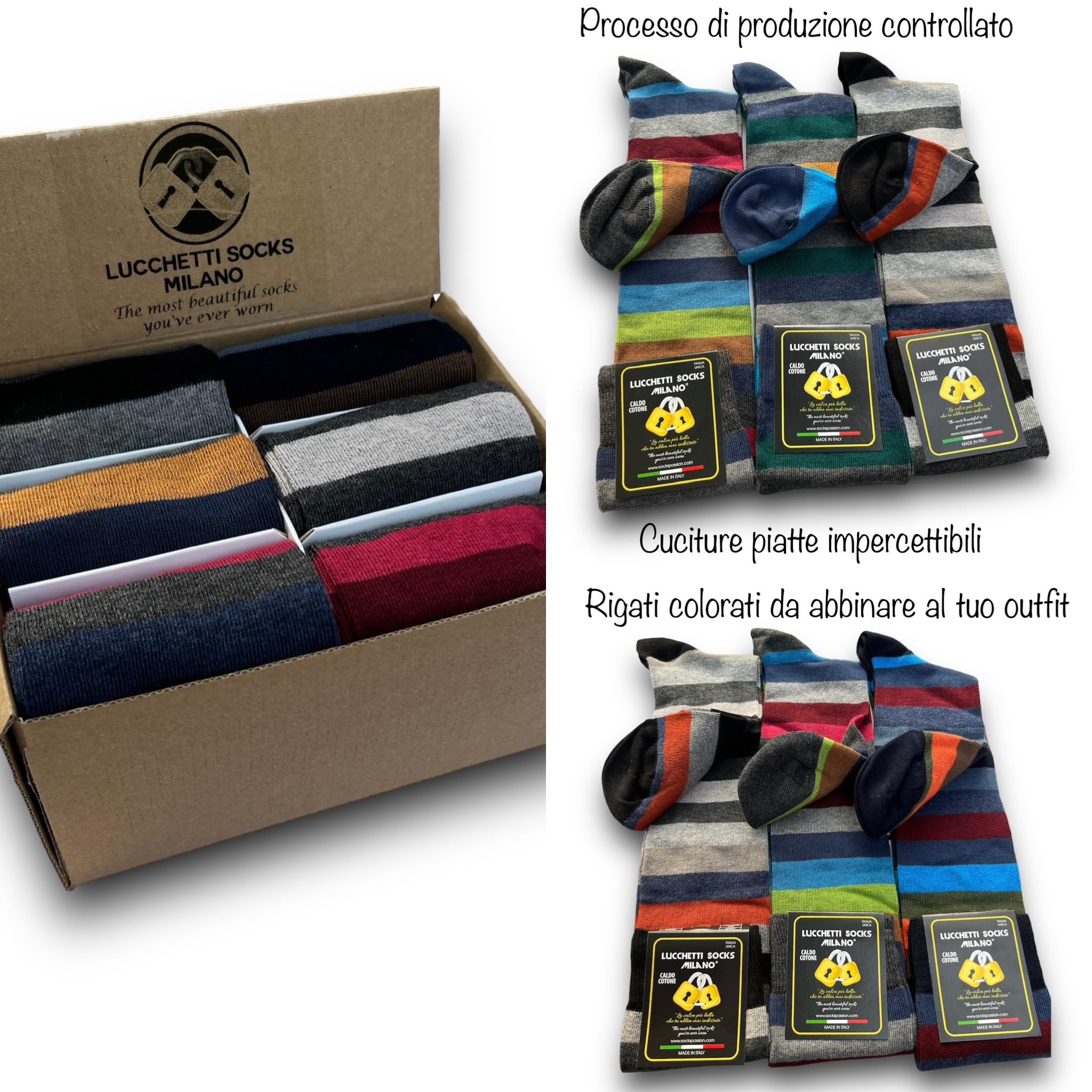 Lucchetti Socks Milano Lot de 6 Paires de Chaussettes Longues Chaudes en Coton pour Homme à Pois Colorés Tendance à Motifs Mode Made in Italy