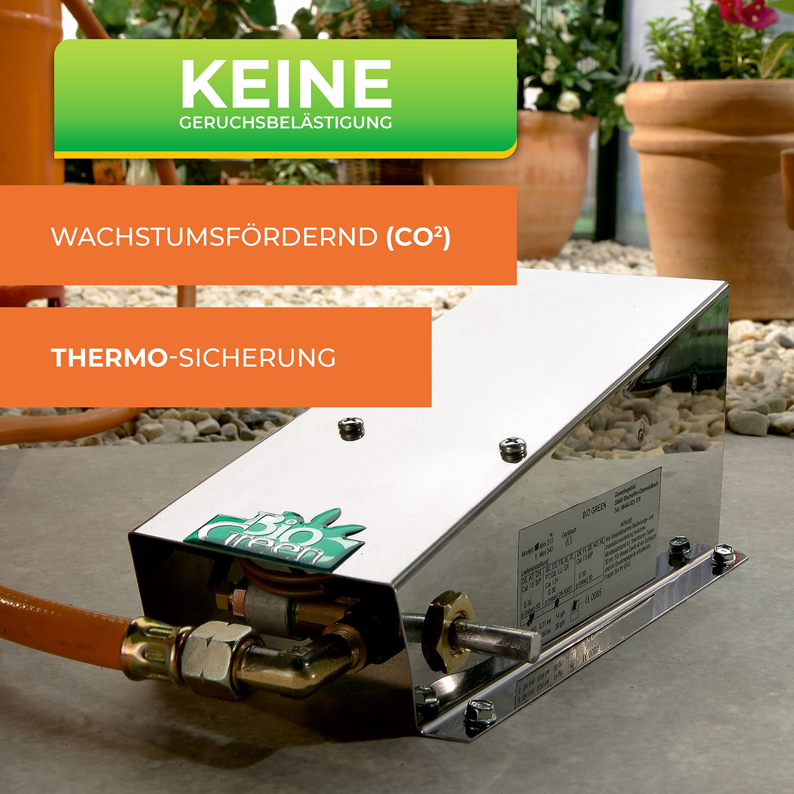 BioGreen Gas-Gewächshausheizung „Frostwächter Mini“ mit 800 Watt | für Gewächshäuser bis 6 m² | Thermo-Sicherung | Edelstahl | L 19 x B 12 x H 9 cm